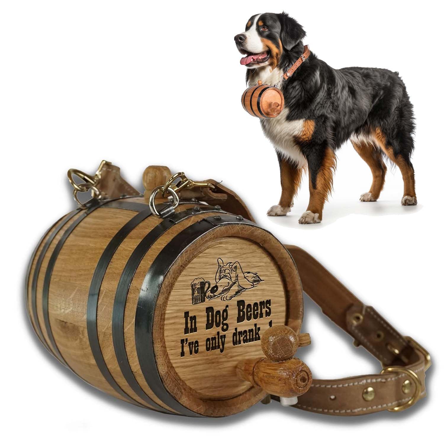 St Bernard Whiskey Barrel Collar For Dog, In Dog Beers' - 1/2 Liter Oak Aging Barrel Dispenser For Saint Bernard Dogs With Adjus