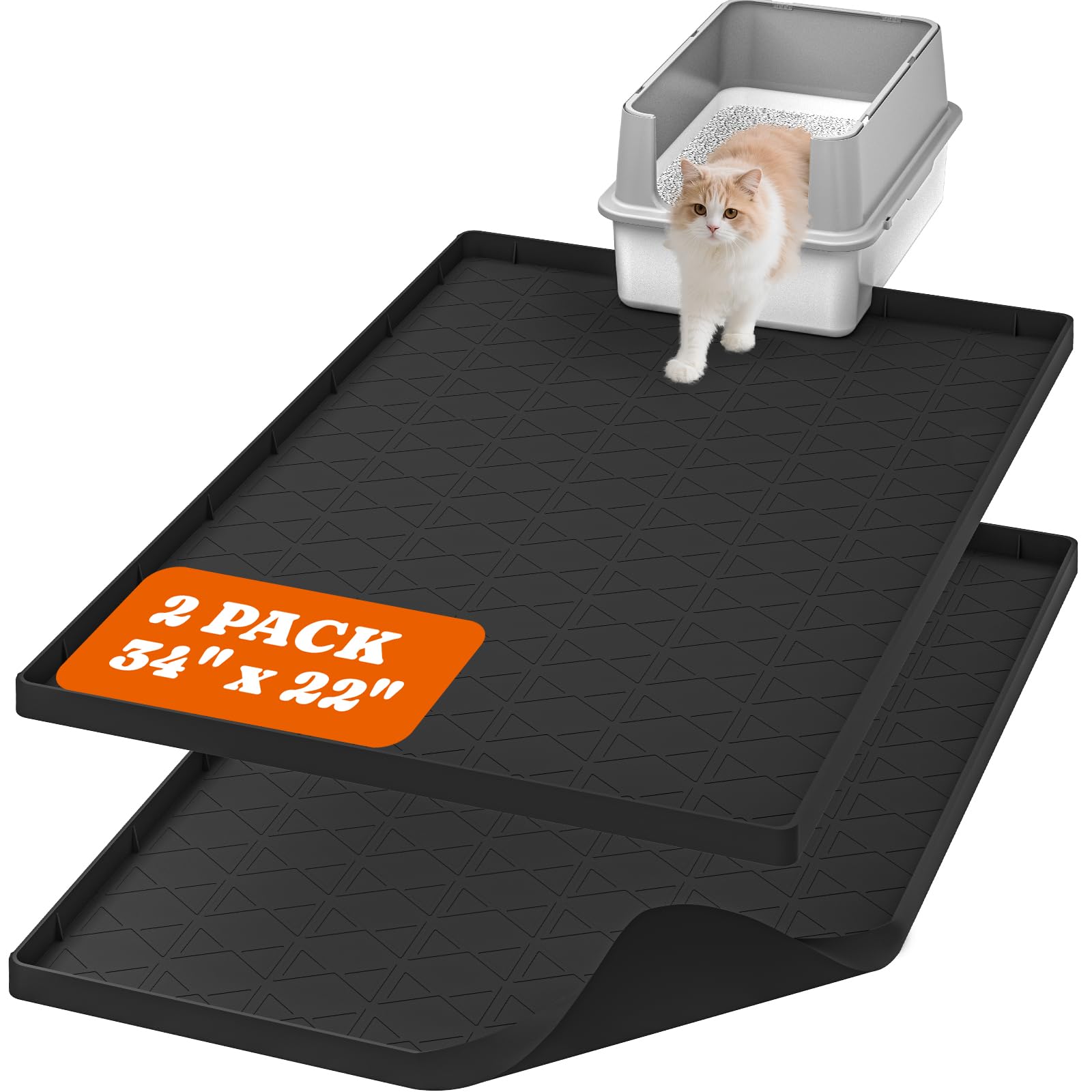 Cat Litter Mat, Large 34 x 22 Litter Box Mat, 2 Packs Cat Litter Box Mat, Non-Slip Kitty Litter Mat for Floor, Easy to Clean, Wa