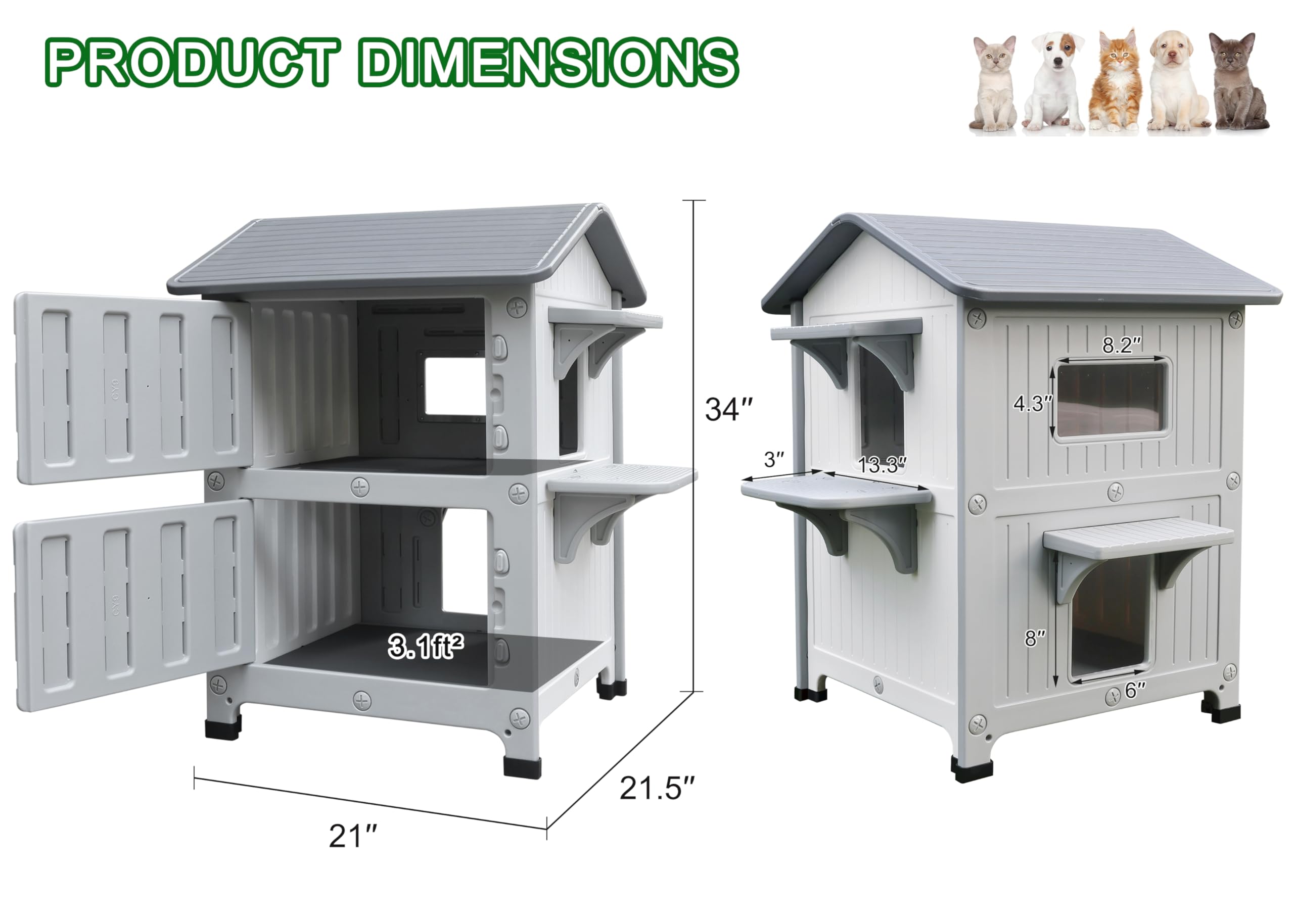 Rockever Luxury Plastic Outdoor Indoor Cat House With Escape Door, Waterproof 2 Story Outdoor Houses For Feral Cats Outside Cat