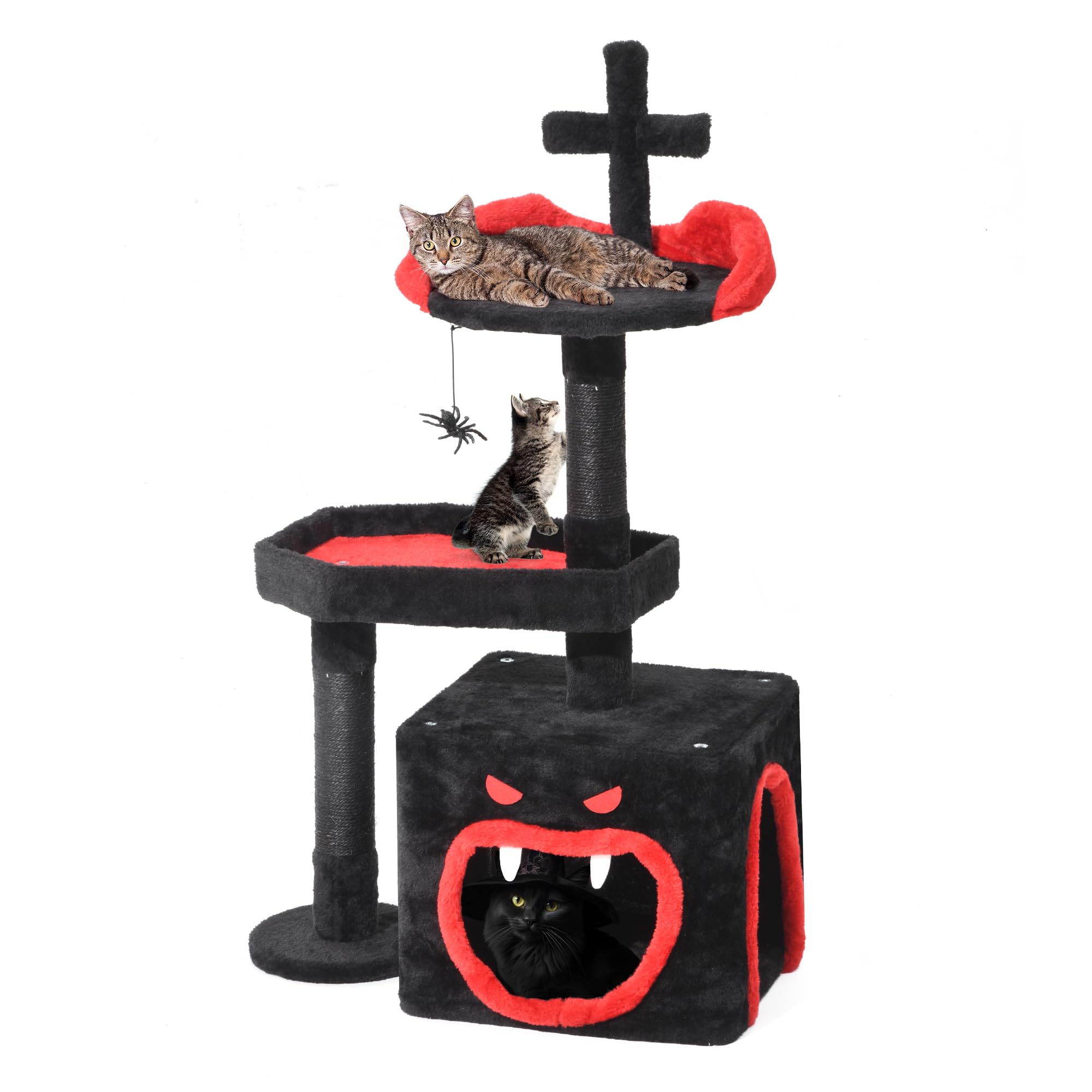Yitahome Gothic Cat Tree With Coffin Bed, 38.6'' Indoor Cat Tower Featuring Spacious Condo, Spider Hanging Ball, Scratching Post