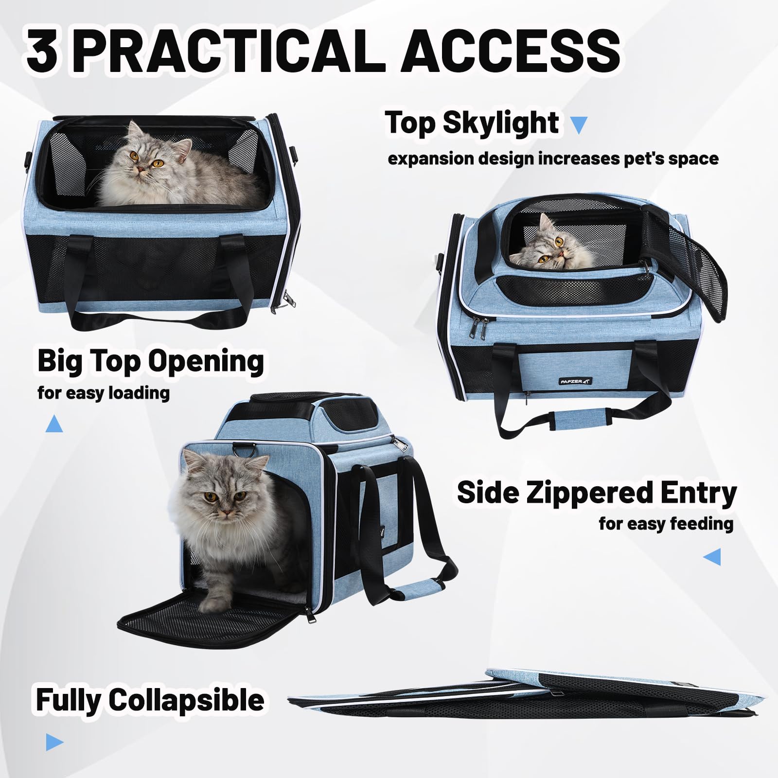 Papzer Cat Carrier Top-Expandable 18X11X11, United Delta American Airline Approved Dog Carrier, Soft Pet Carry-On Bag Underseat
