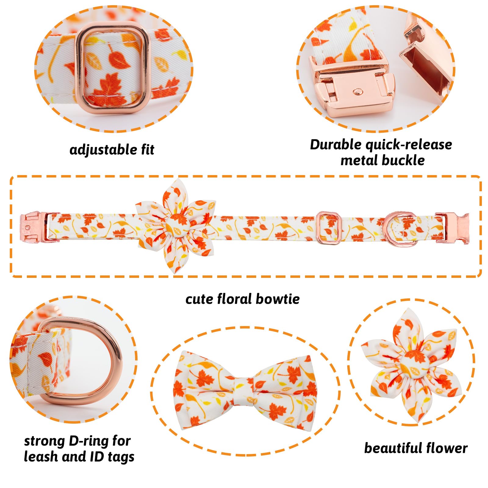 HSIGIO Dog Collar and Leash Set Girls Adjustable Puppy Collars with Floral Bow Tie for Small Medium Large Female Dogs, Orange Ma