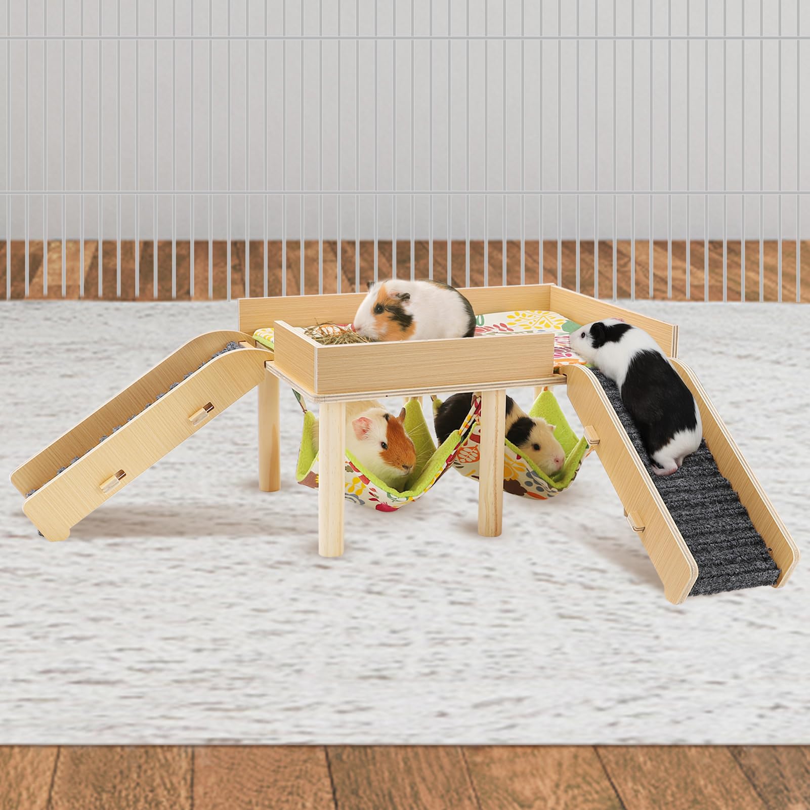 Mewtogo Guinea Pigs Hammock With Platform, Wooden Guinea Pig Hideout With Stairs, Safe And Durable Small Pet Bed For Piggies Chi