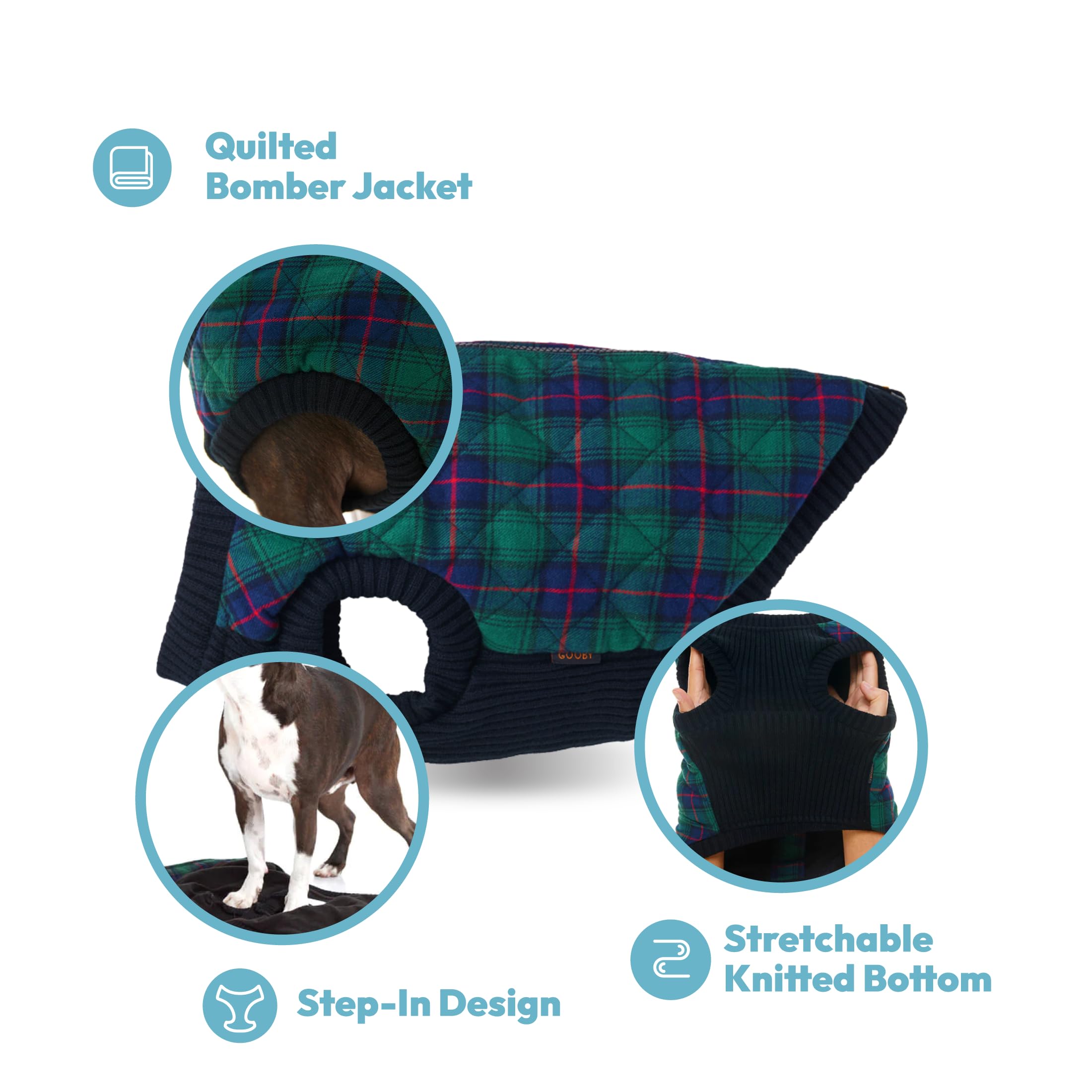 Gooby Fashion Vest Check Dog Jacket - Green Check, X-Small - Warm Zip Up Dog Bomber Vest Dual D Ring Leash - Winter Water Resist