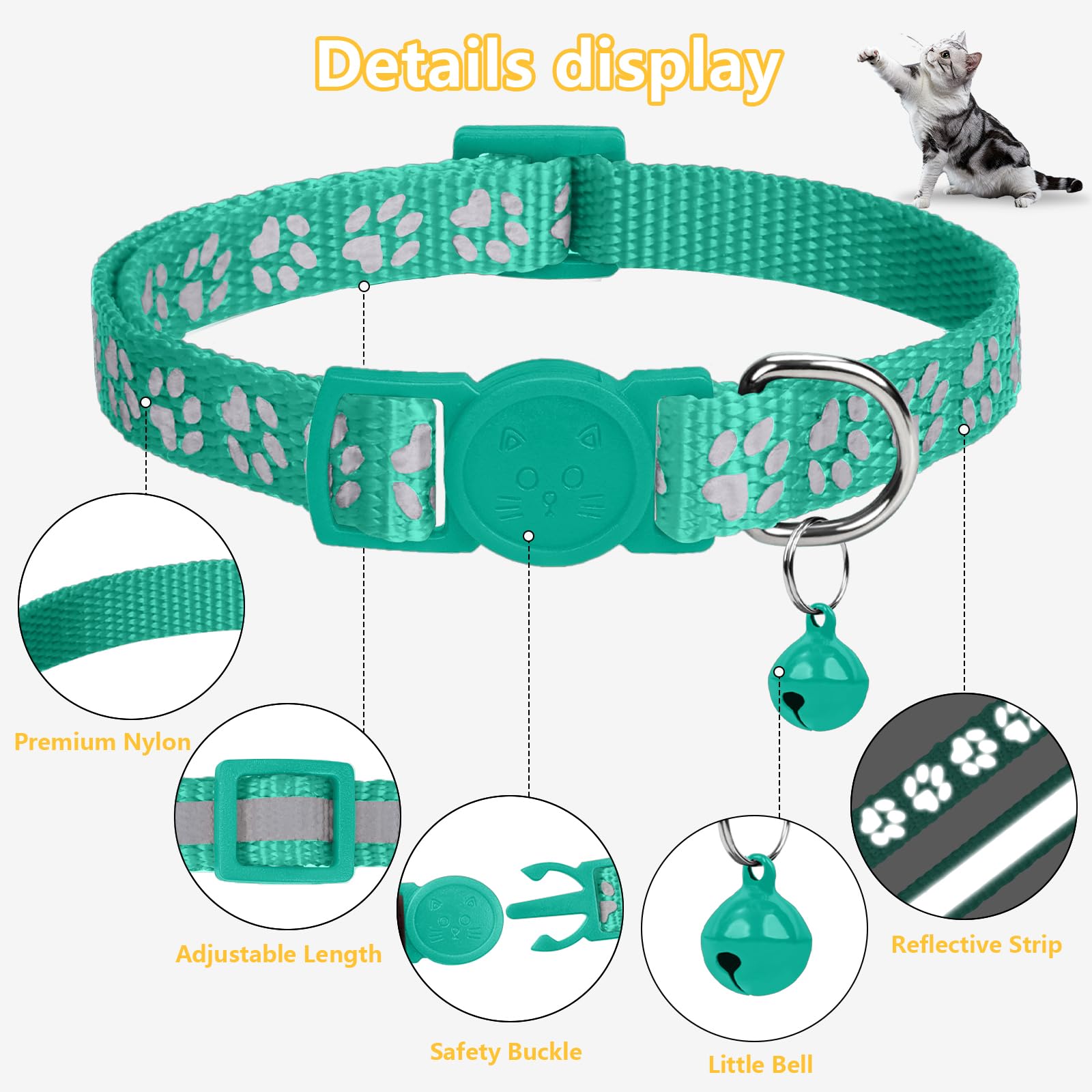 Taglory Reflective Cat Collars Breakaway With Bell, 2 Pack Girl Boy Pet Kitten Collar Adjustable 7.5-12.5 Inch, Turquoise