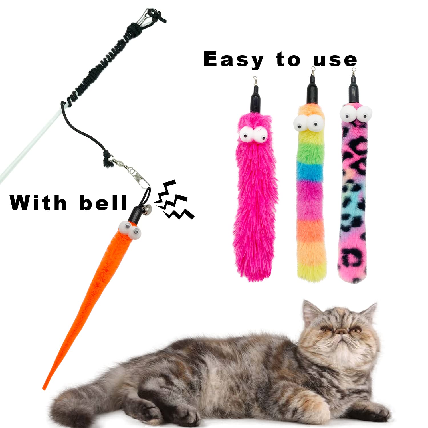 Cateness Cat Wand Feather Toys, 1 Pcs Elasticity Cat Toy Wand And 8 Pcs Worms Refills, Interactive Teaser Wand Toy For Indoor Ca