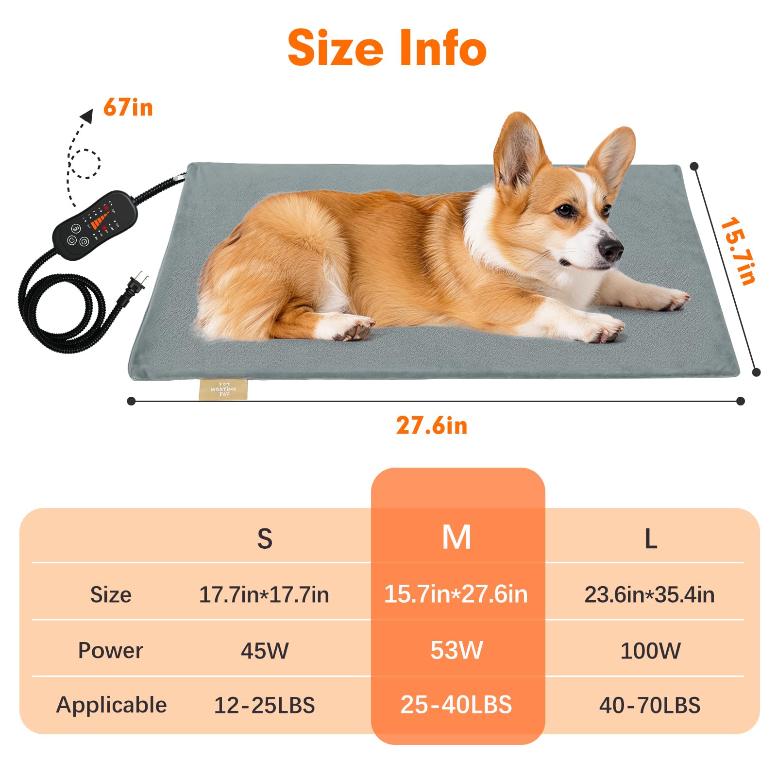 Vannon Pet Heating Pad, Heated Cat Dog Bed With Chew Resistant Cord, Outdoor Heated Mat For Dog House, Adjustable Indoor Warming