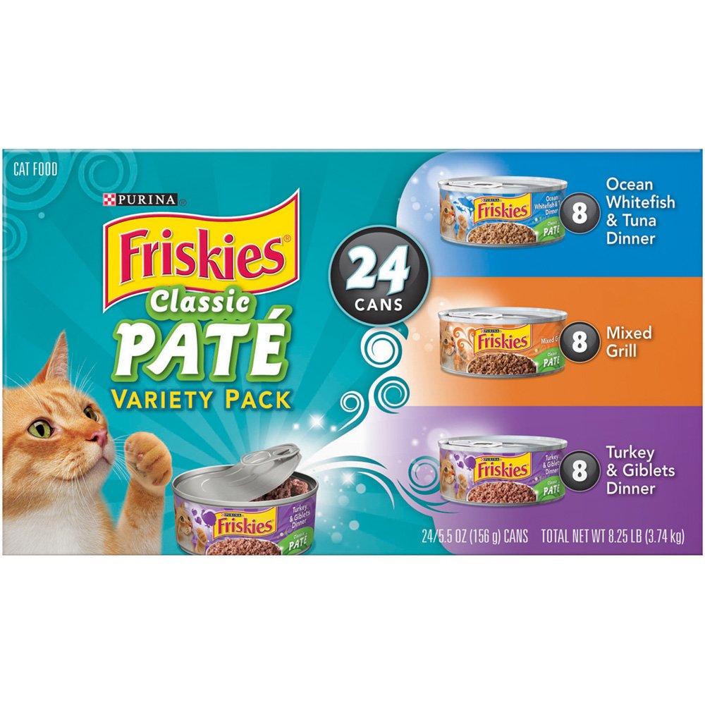 Friskies Wet Cat Food, Classic Pate Variety Pack, Ocean Whitefish and Tuna, Mixed Grill and Turkey and Giblets Dinner, (24) 5.5 