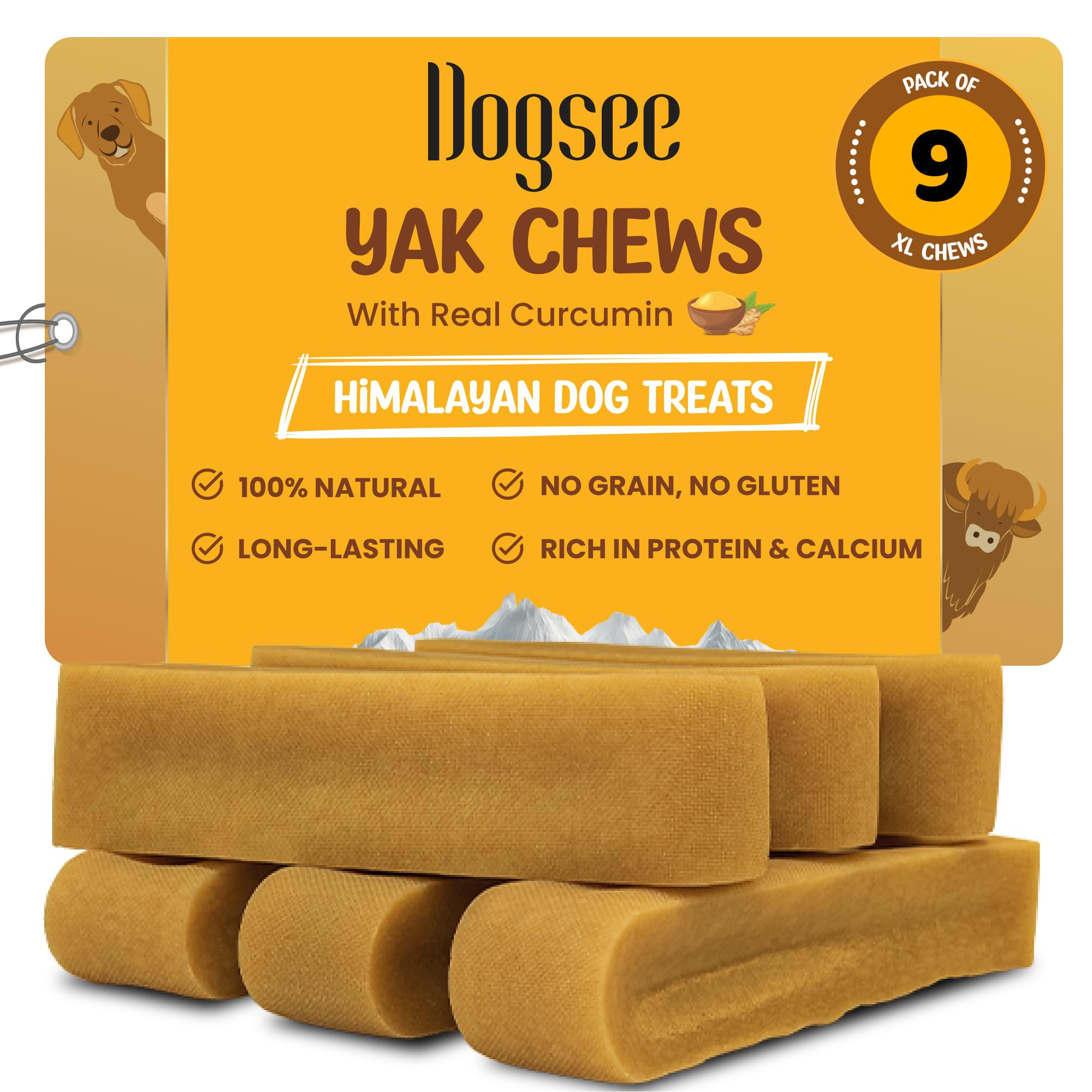 Dogsee Himalayan Yak Chews with Turmeric/Curcumin 3lb (XL - 9 Bars) | for Large Dogs | Dog Treats for Large Dogs | Help Alleviat