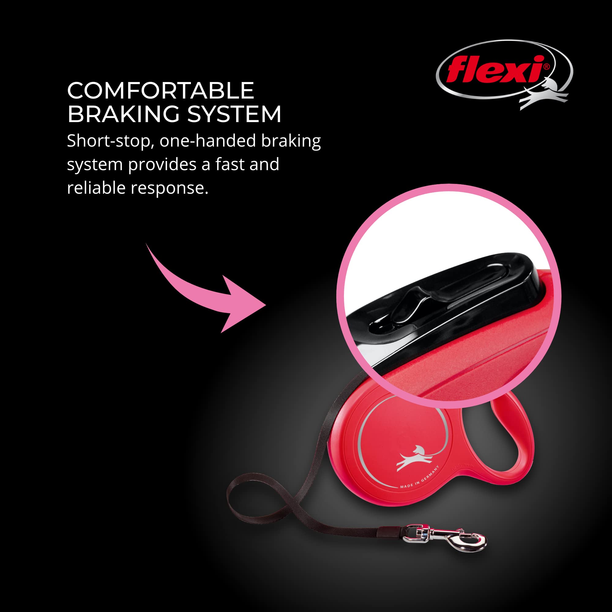 FLEXI Retractable Dog Leash - 16ft, Red, Nylon, for Small Dogs up to 33 lbs, One-Handed Brake, Model CL10T5.250.R.20