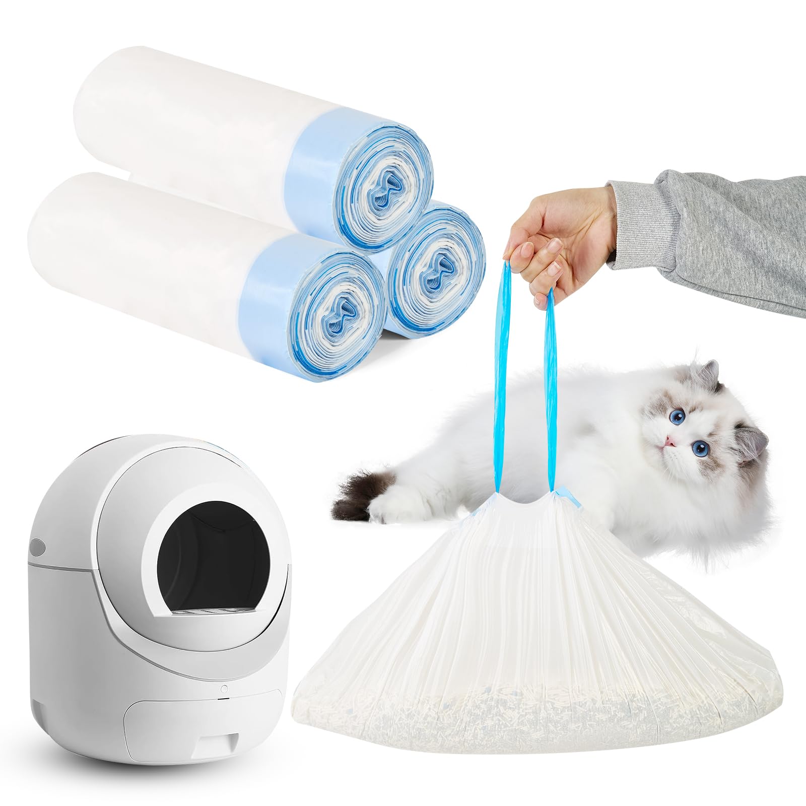 Cat Litter Bags 60 Count, 21.65''X11.8''Drawstring Close Litter Box Liners For Automatic Cat Litter Box,Cat Poop Bags,Easy To Cl