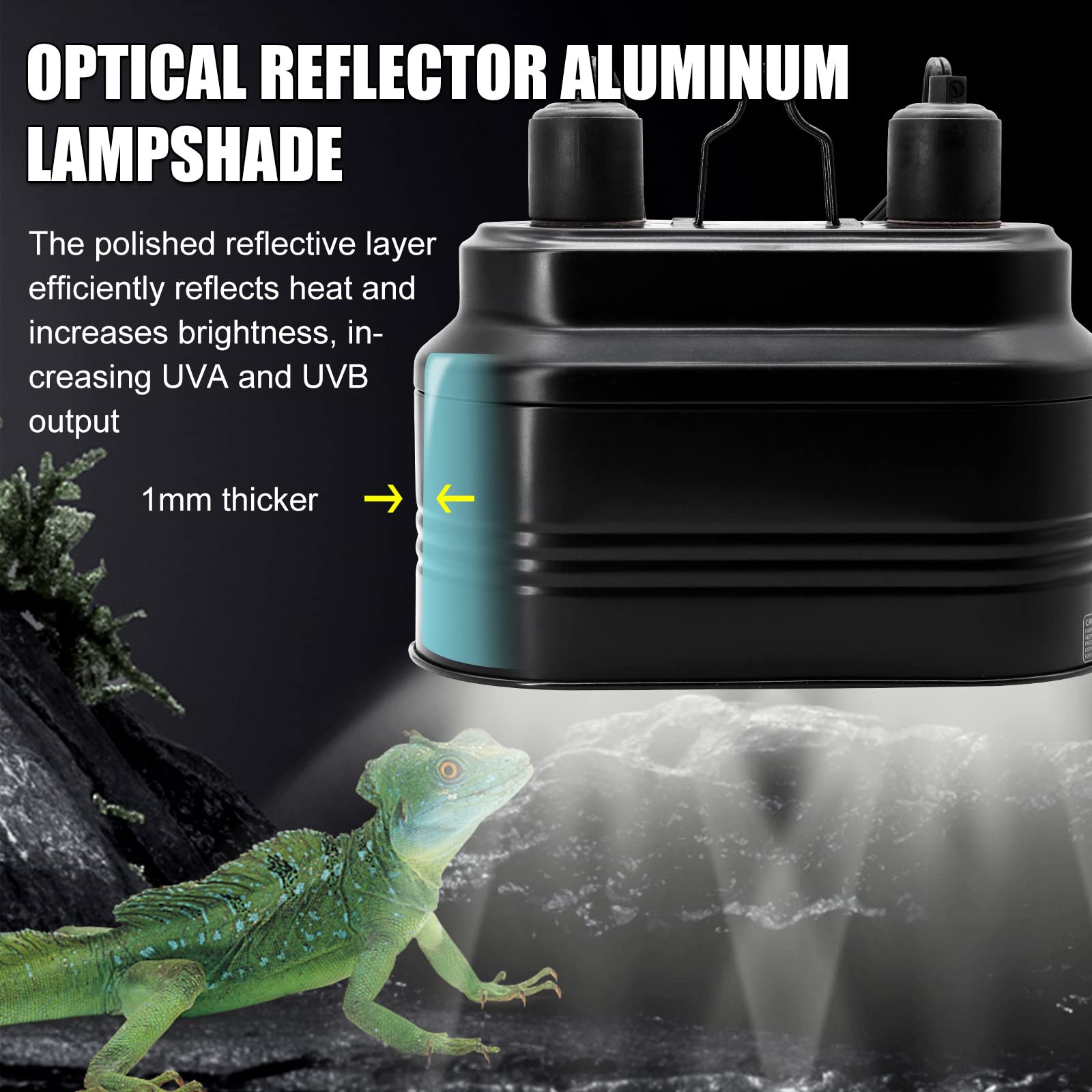 Mecesor Dual Reptile Lamp Fixture With Independent Switches, Uvb & Basking Bulb Holder For Glass Terrarium Habitat - Heat Light