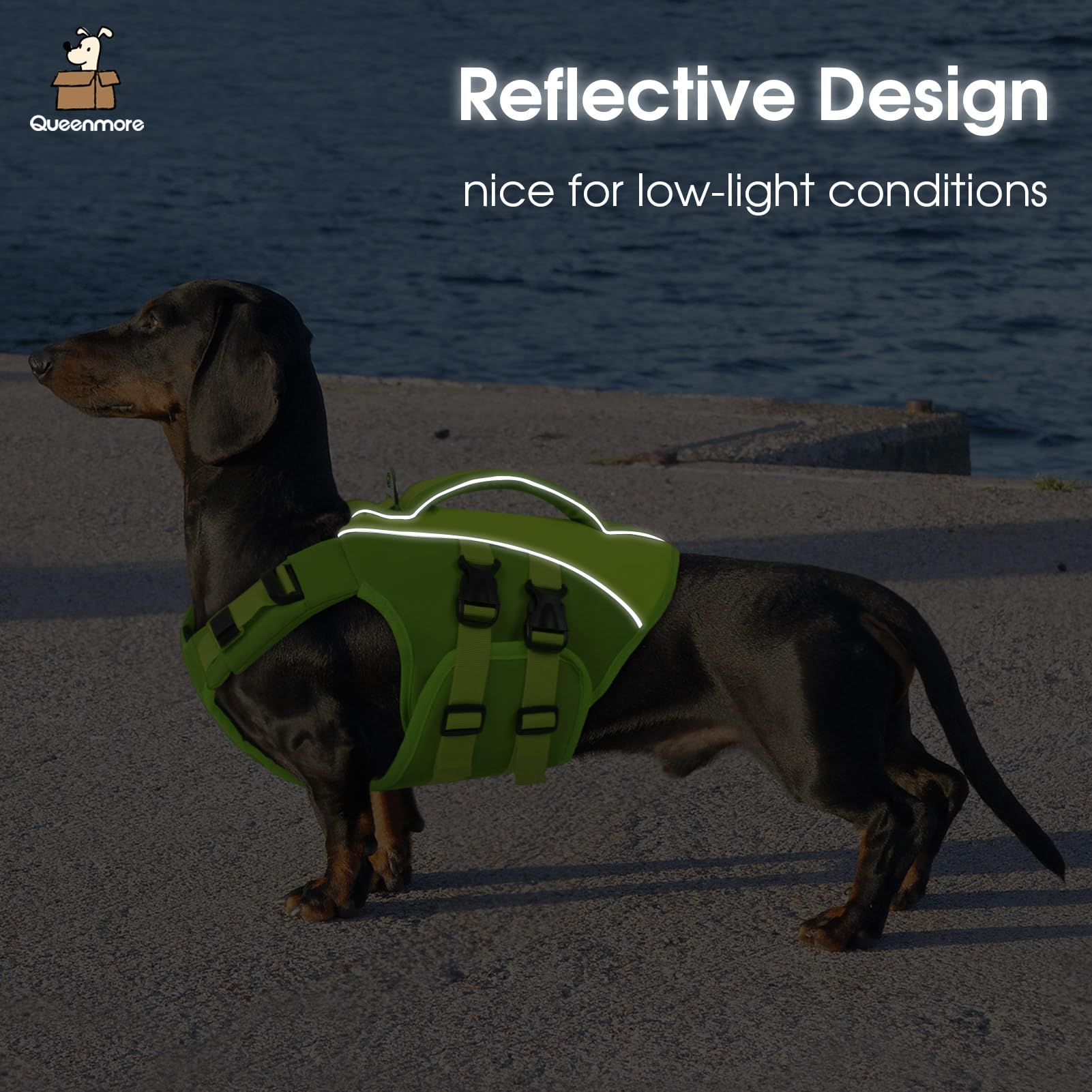 Queenmore Green X-Large Dog Life Jacket, Adjustable Reflective Dog Swimming Vest, Superior Buoyancy, High Floating Pet Life Vest