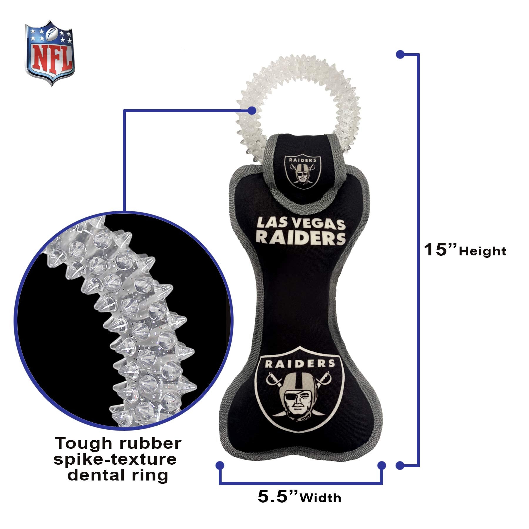 Pets First NFL Las Vegas Raiders Football Dental Tough Dog TUG Bone Toy with Built-in Squeaker Attached to a Safe Rubber Teethin