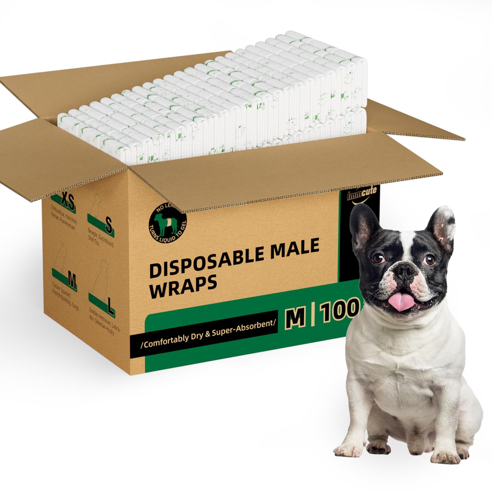 IMMCUTE Disposable Male Dog Diapers 100 Ct, Male Dog Wraps with Wetness Indicator, Adjustable Puppy Diapers Male for Medium Dogs