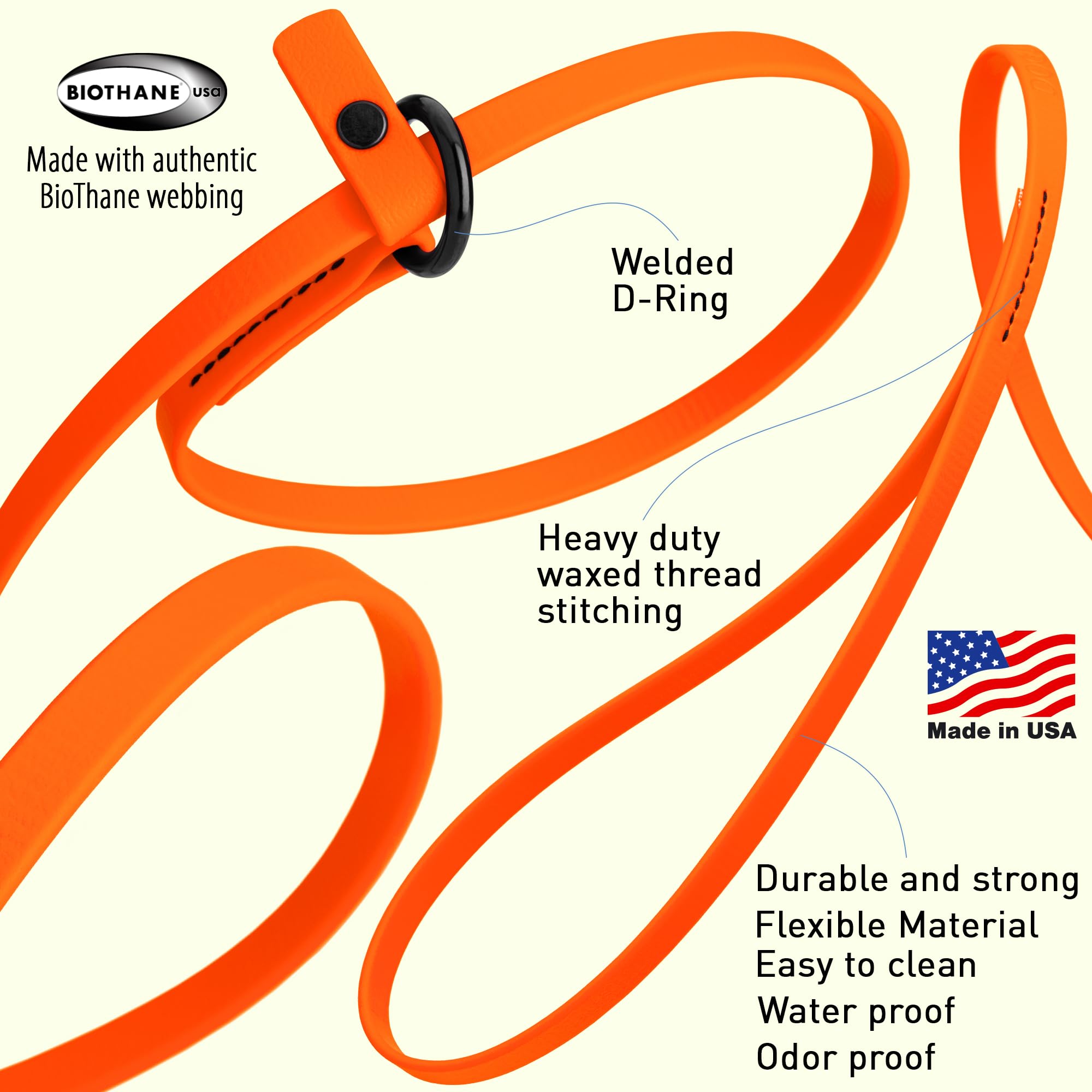 Dogline Biothane Slip Dog Leash - For Small, Medium And Large Dogs - Odor Free Slip Lead, Heavy Duty And Durable Material Kennel Lead - Hunter Orange - 5Ft L X 3/8In W