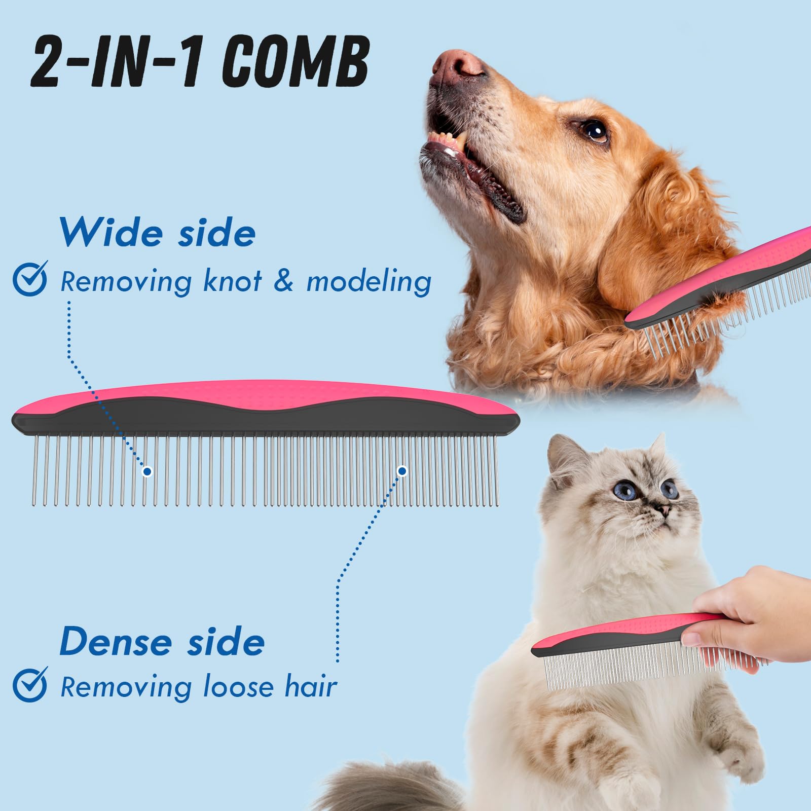 Docrok Pet Grooming Brush & Metal Comb Combo for Dogs & Cats, Pink Dematting Tool for Shedding & Undercoat Rake, Long Haired Pets