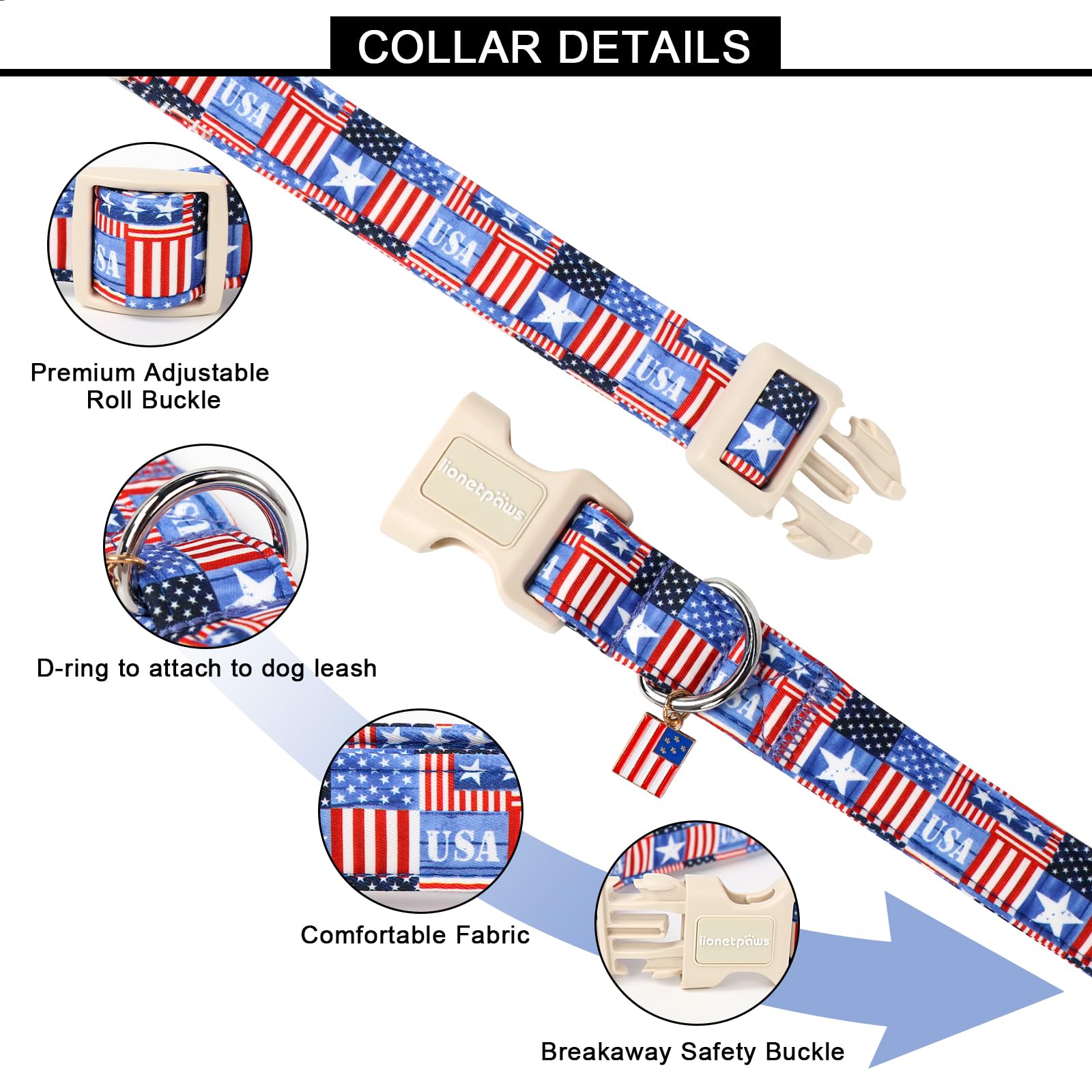 Lionet Paws Summer Dog Collar- Cute 4Th Of July Dog Collars With America Flag Pattern And Plastic Buckle, Light Adjustable Dog C