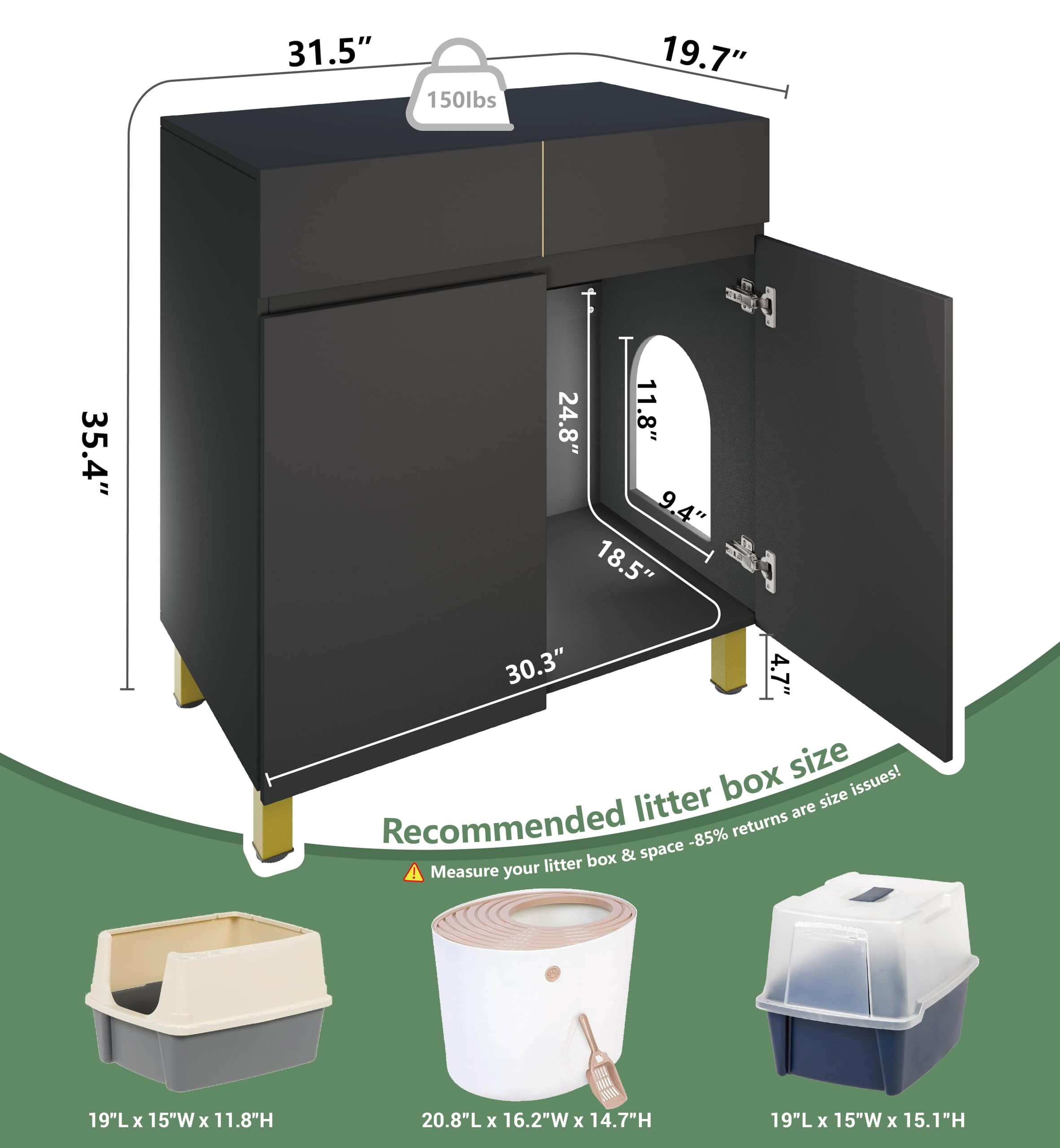Amunrbrek Large/Tall Litter Box Enclosure, Modern Wooden Litter Box Furniture for XL Litterbox with Drawer as Sideboard Cabinet