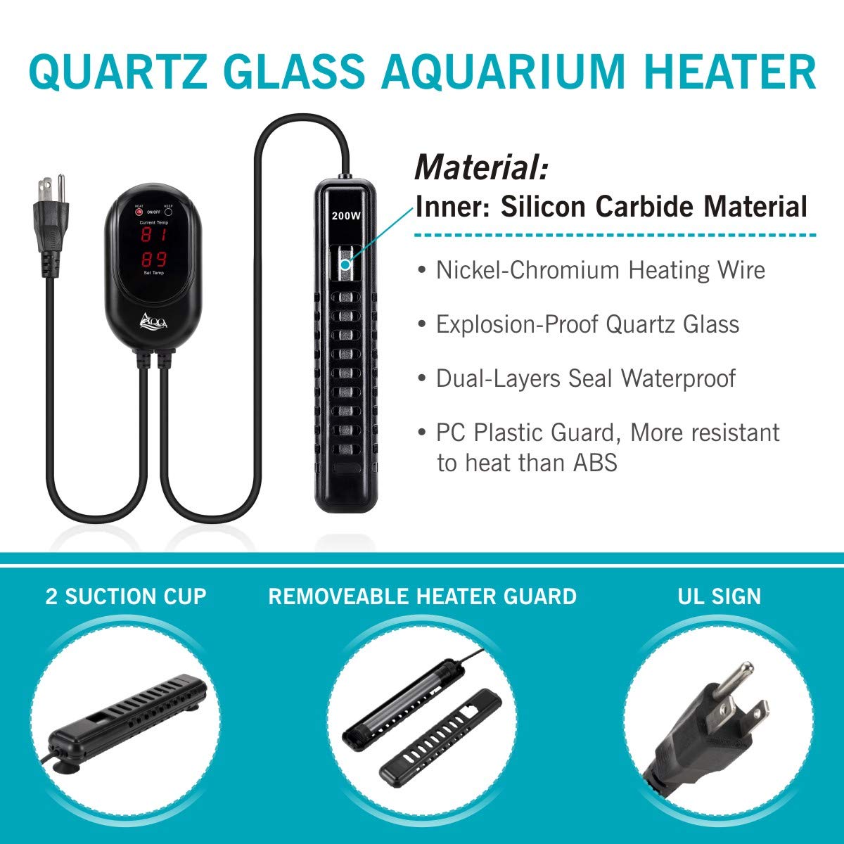 Aqqa Aquarium Heater 200W For 45-80 Gallon Submersible Fish Tank Heater For Aquarium Betta Fish Heater Aquarium Thermostat Heater Freshwater And Saltwater (200W For 45-80 Gal)