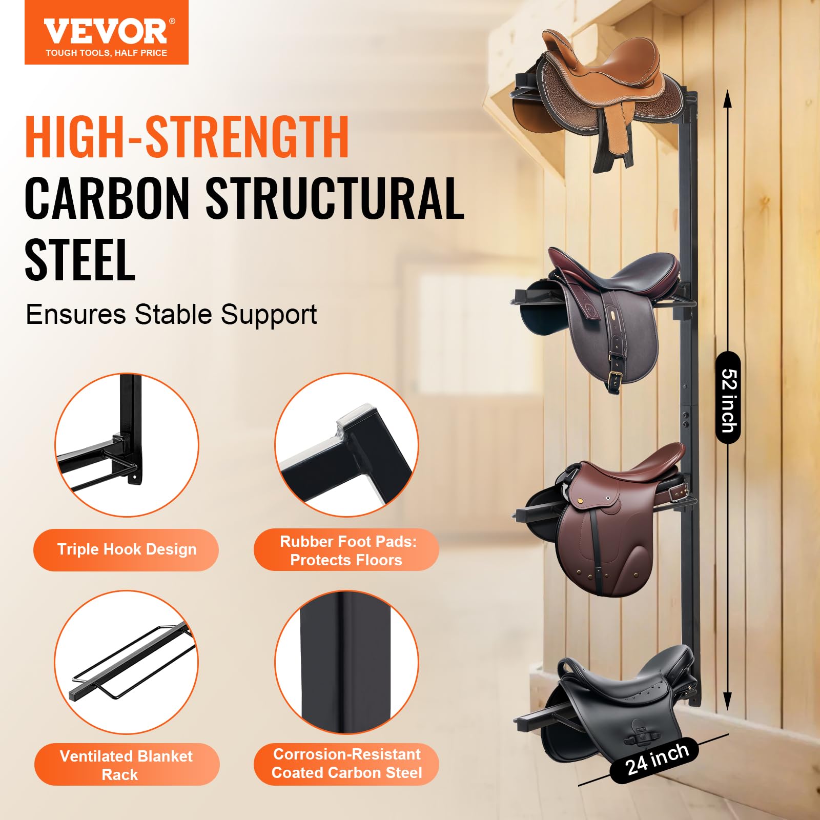 VEVOR Wall Mount Saddle Rack, 24 x 7 x 52 in, Four Tiers Horse Saddle Storage Rack, Heavy Duty Equestrian Western and English Sa