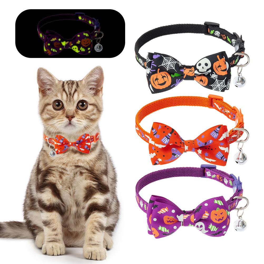 Scenereal Cat Collar Breakaway Halloween Theme 3 Pack - Glow-In-The-Dark Safety Collars, Pet Accessory For Outdoor And House Cats Kittens