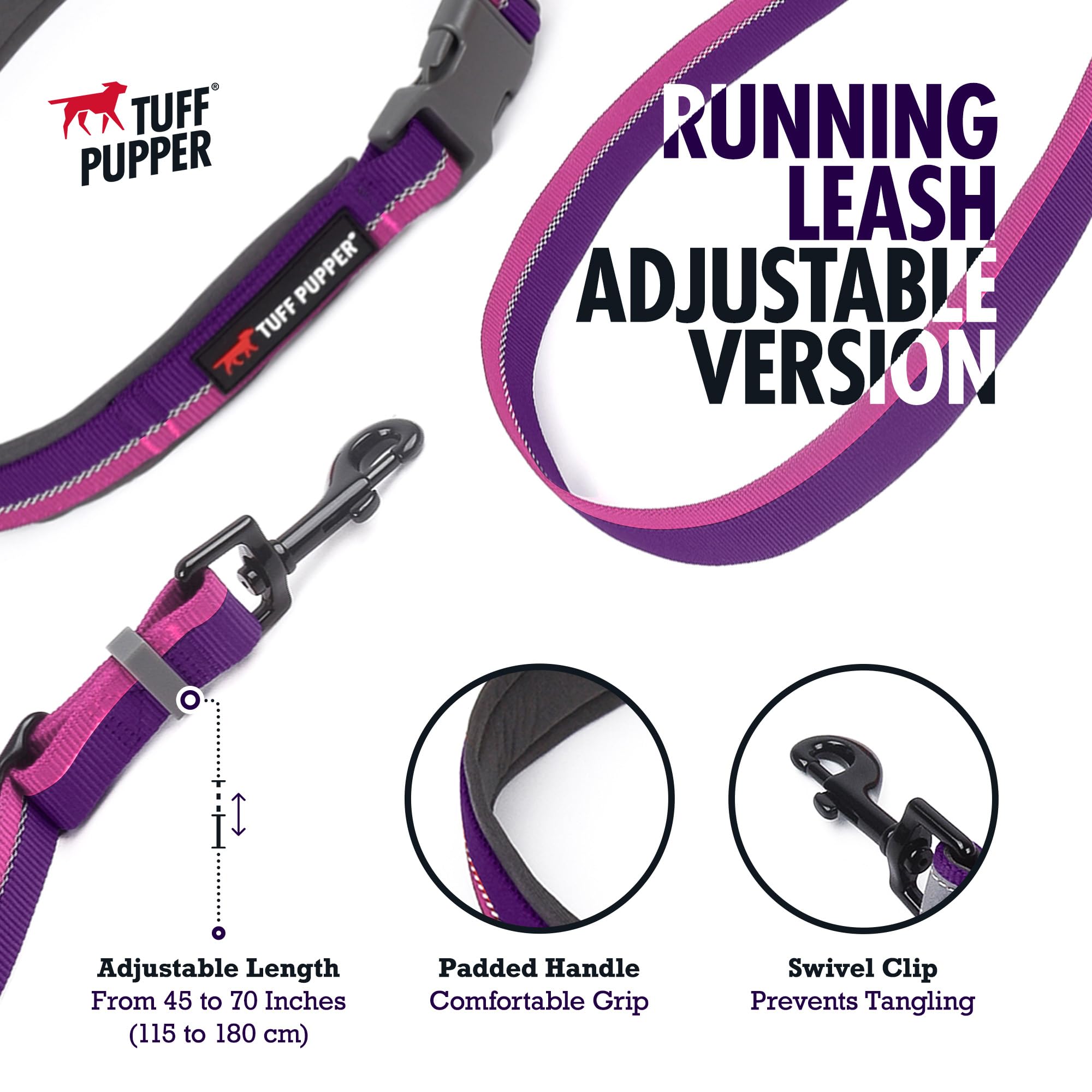 Tuff Pupper Hands Free Adjustable Length Dog Leash | Lightweight For Running Jogging Walking | Padded Waist Belt (24-50 Inch) | Adjusts 3 To 6 Feet Length | Strong Ballistic Nylon W/Reflective Strips