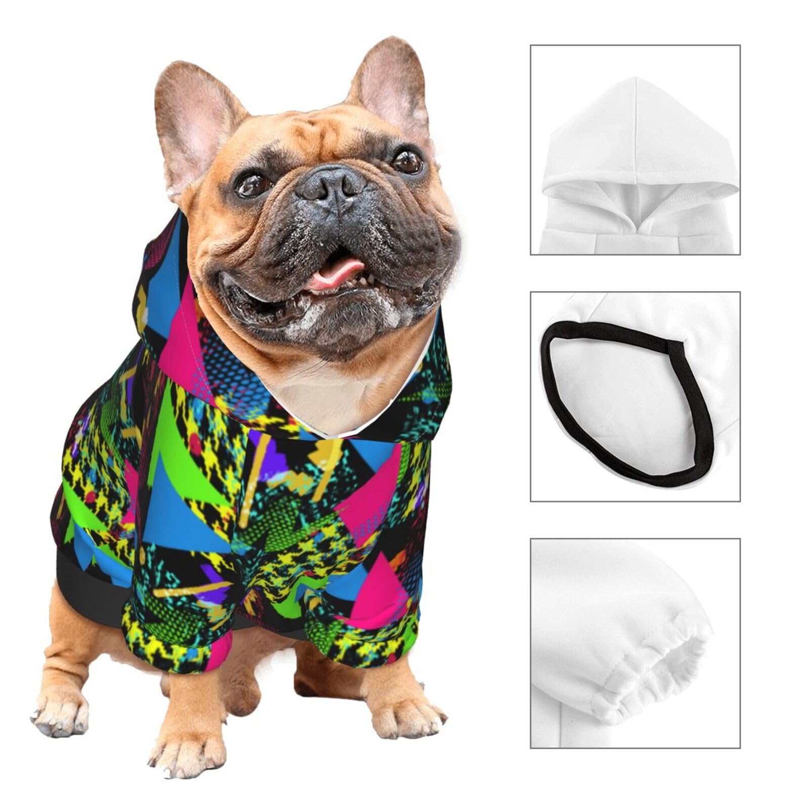 Dog Hoodies Puppy Sweater Cold Weather Dog Coats Soft Pet Clothes Hooded Sweatshirt For Dog Cat (Black Colorful Geometric 80S 90