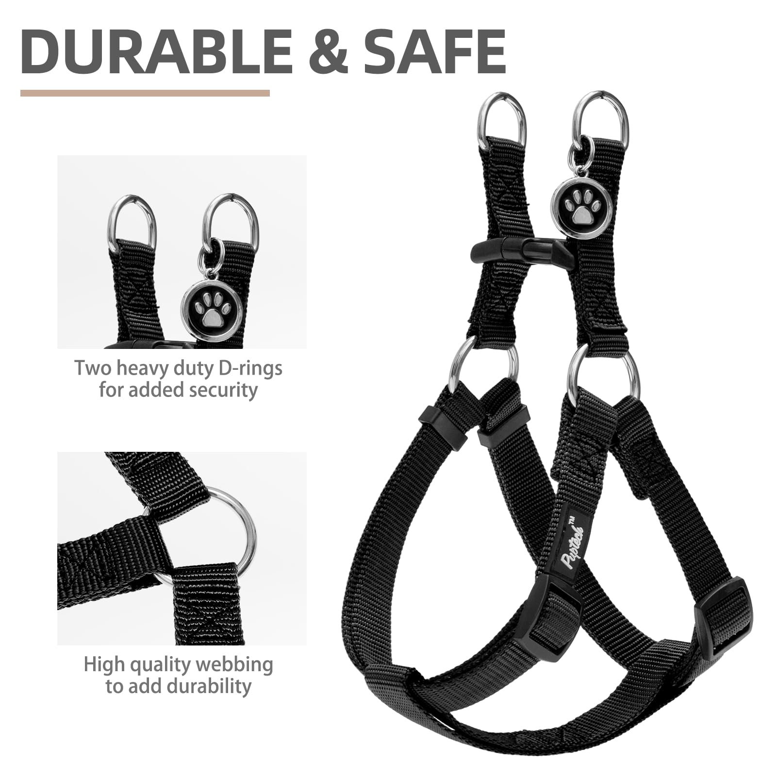 PUPTECK No Pull Dog Harness, Soft Adjustable Nylon Vest, Large, Black, Model H009BLKATC_L