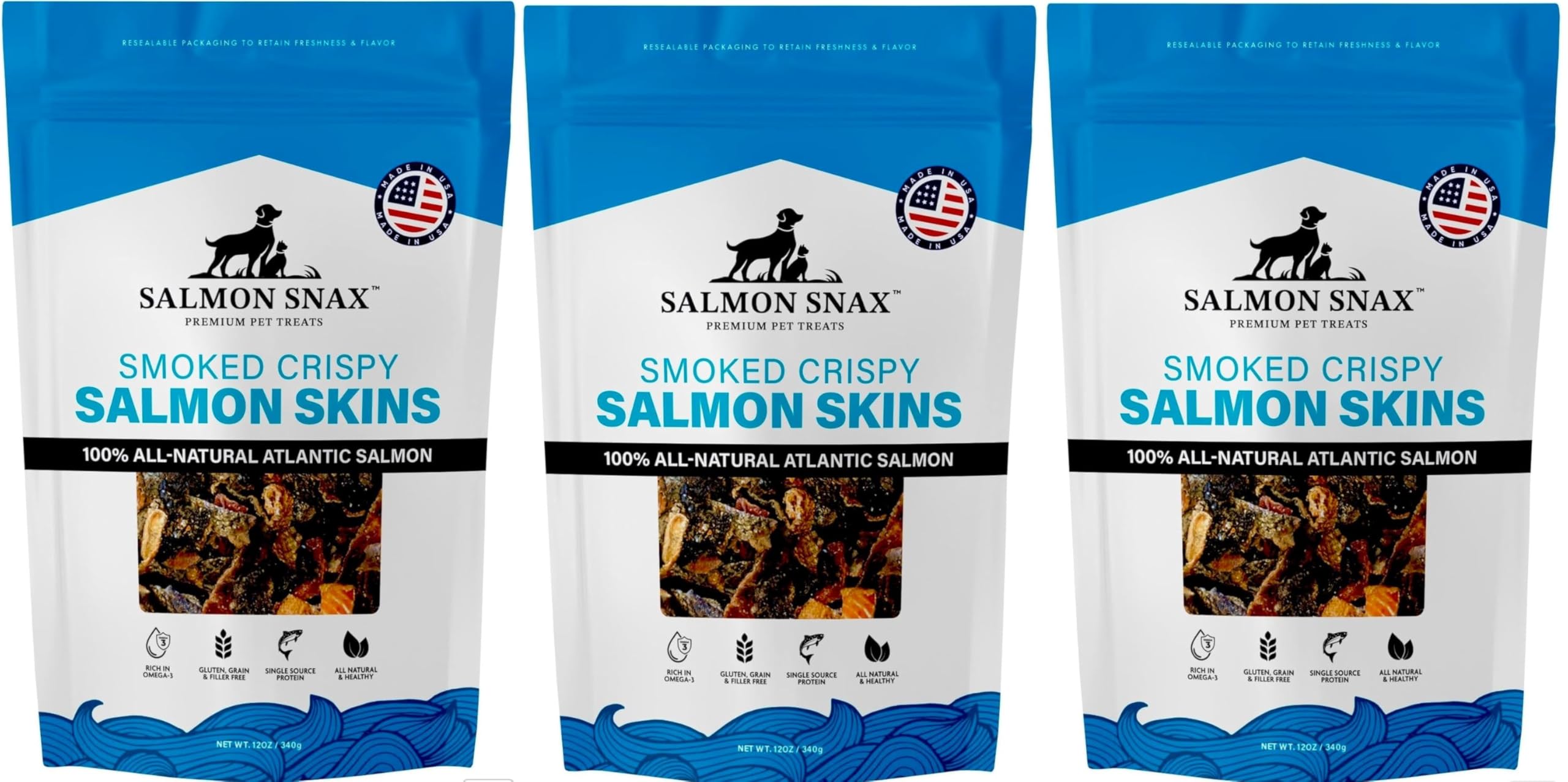 (Pack of 3) Premium Dogs/Cats Treats (Salmon Snaxx) - Smoked Crispy Salmon Skins Net Weight 12oz / 340 g