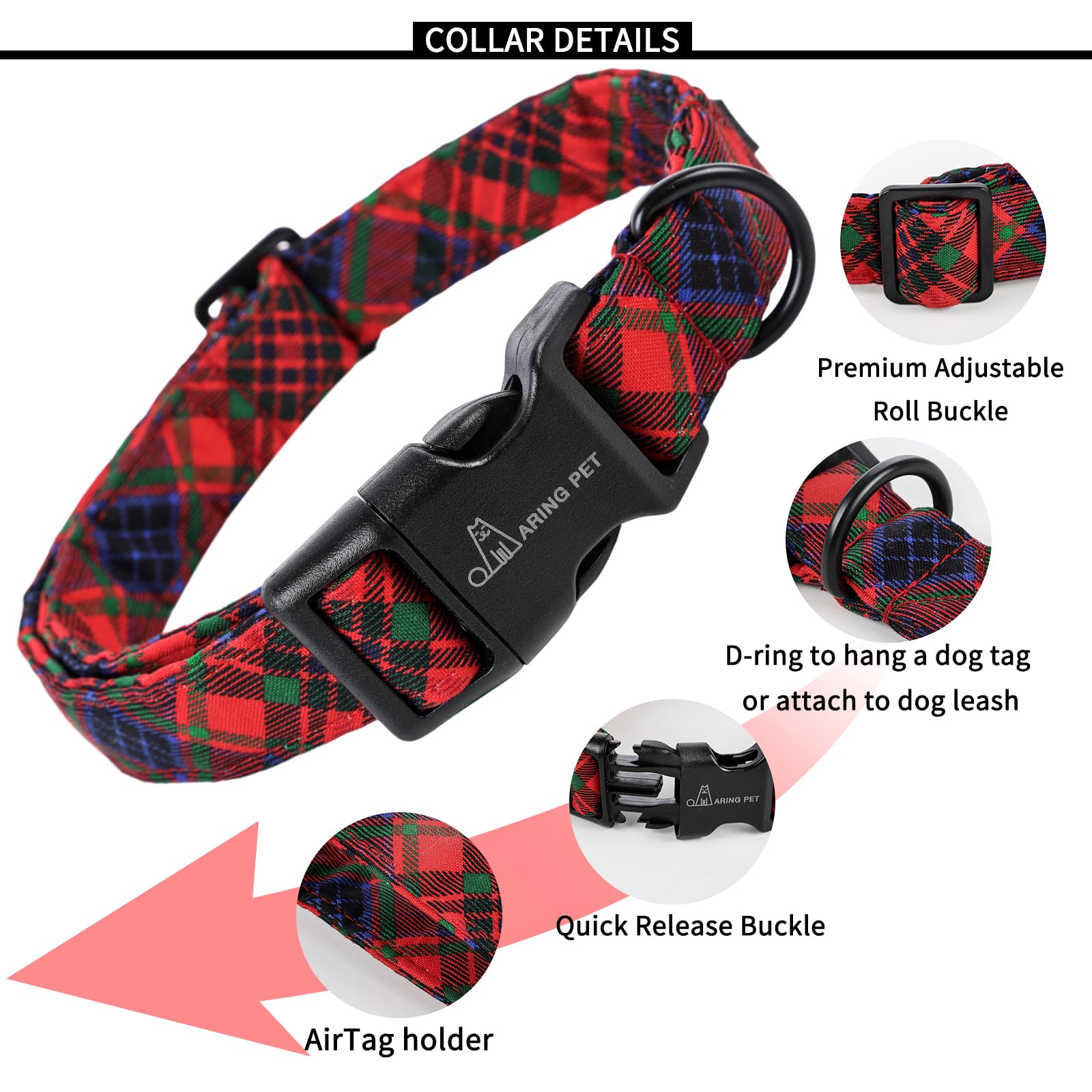 Aring Pet Christmas Dog Collar-Cotton Lightweight Dog Collars, Adjustable Christmas Plaid Pet Collars Puppy Collar With Quick Re