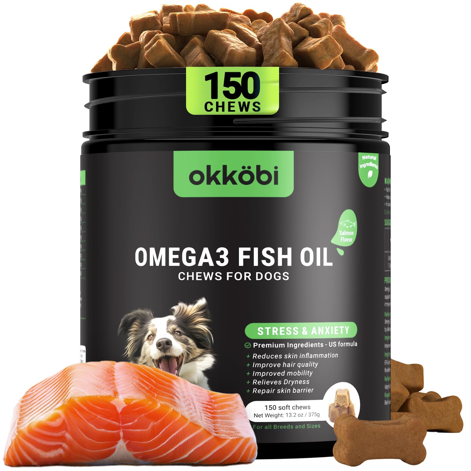 Omega 3 Chews for Dogs - 150Pcs - Dog Skin and Coat Supplement - Rich in EPA & DHA Fatty Acids - Itching Skin Relief Chews - Red