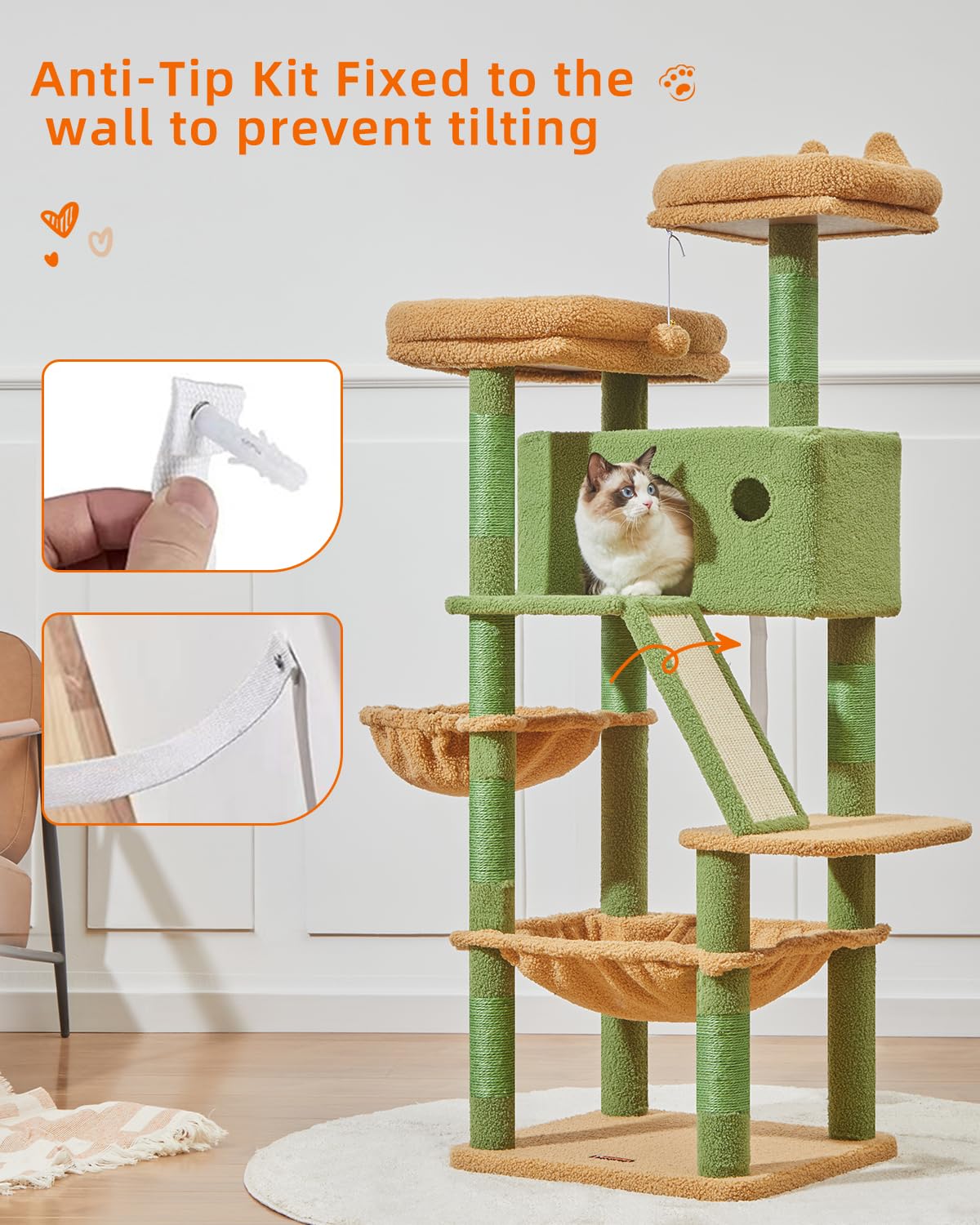 Taoqimiao Cactus Cat Tree - 57.5" Cat Tower with 8 Scratching Posts, Metal Frame, Plush Hammock, Model MSC026