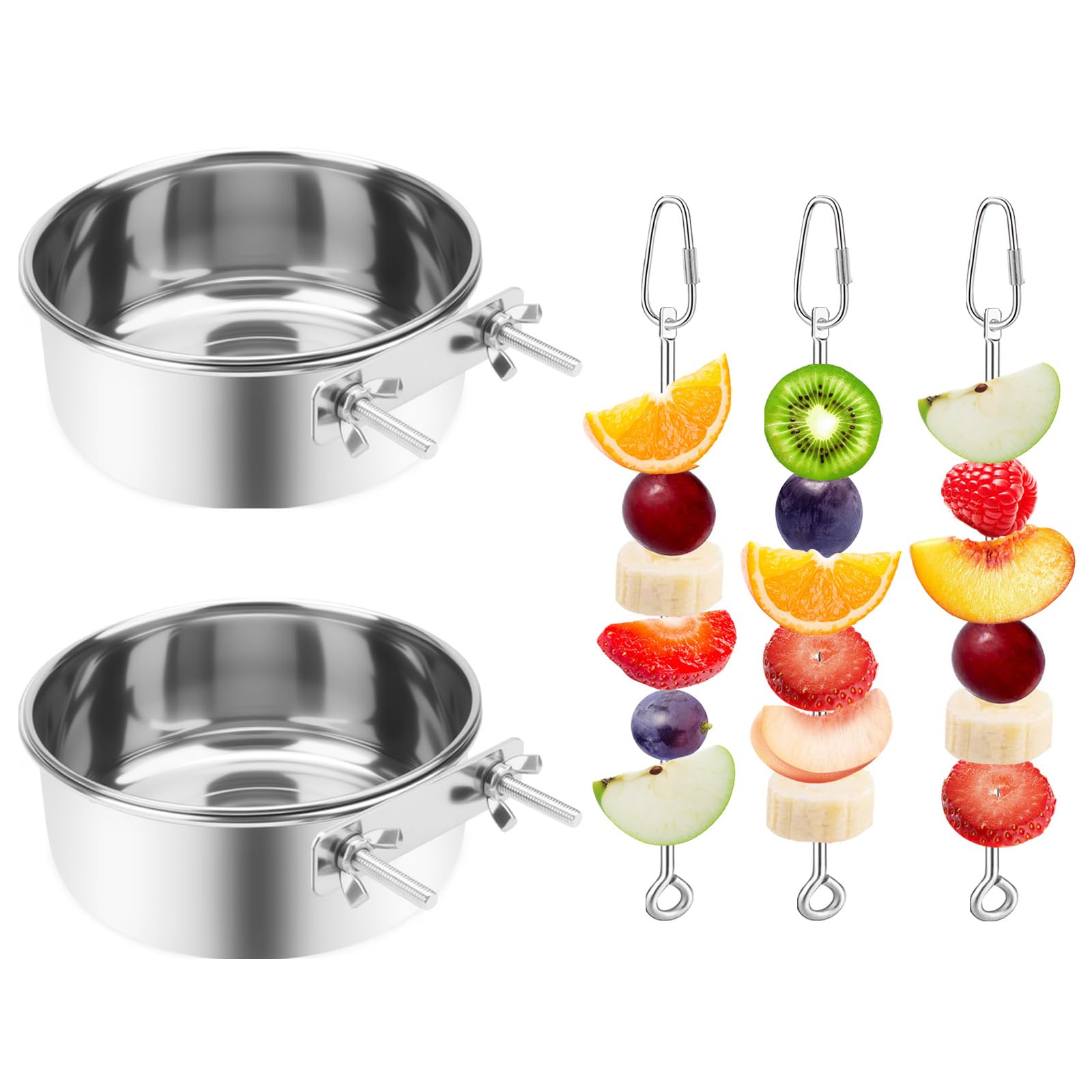 VOXGET 2 Pcs Bird Feeder Bowls with 3 Pcs Food Holder for Cage, Parrot Food Water Bowls and Fruit Skewer Foraging Toy, Stainless