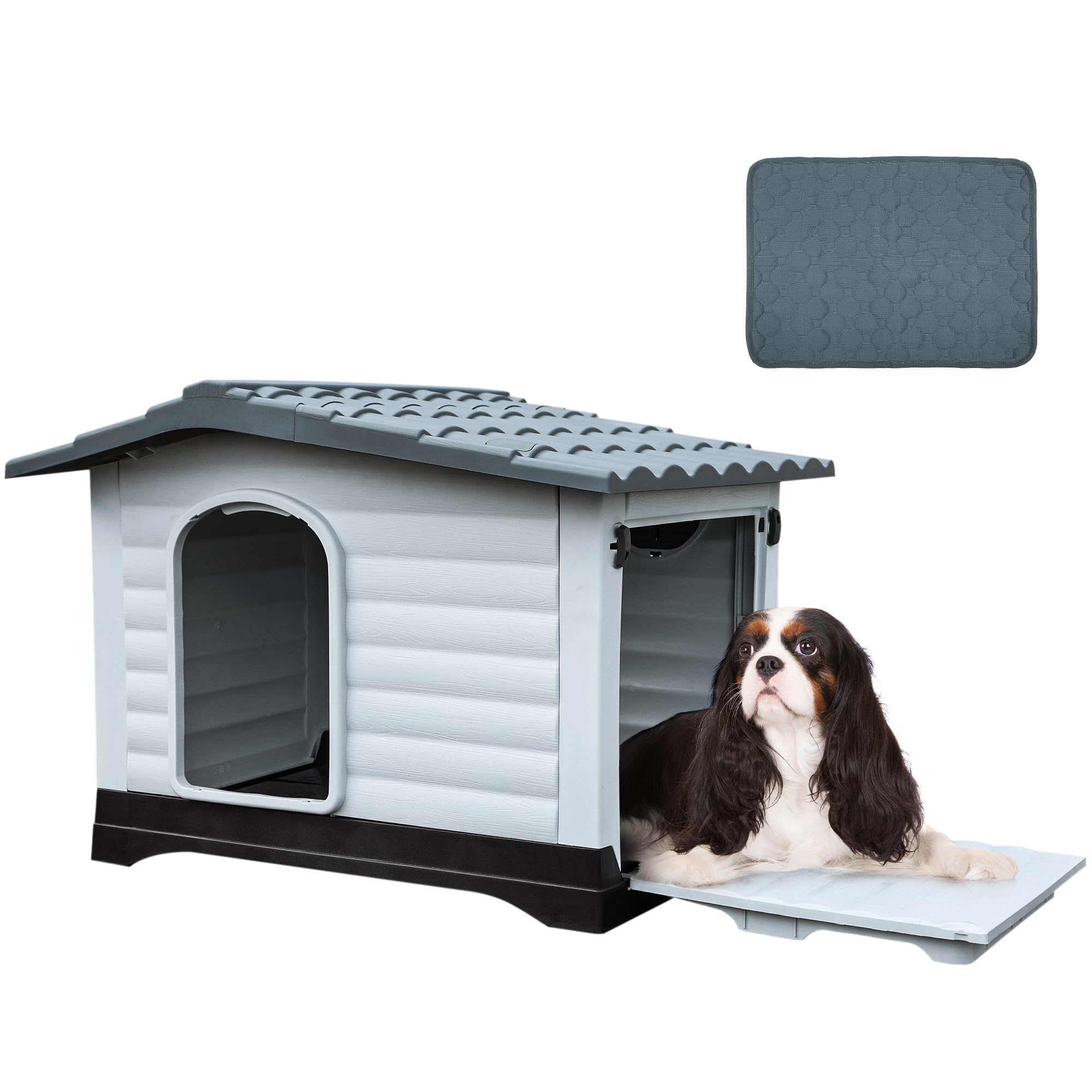 Yitahome 36'' Large Double Door Dog House With Porch & Cushion, Outdoor Plastic Doghouse With Elevated Base, Easy To Install, Wa