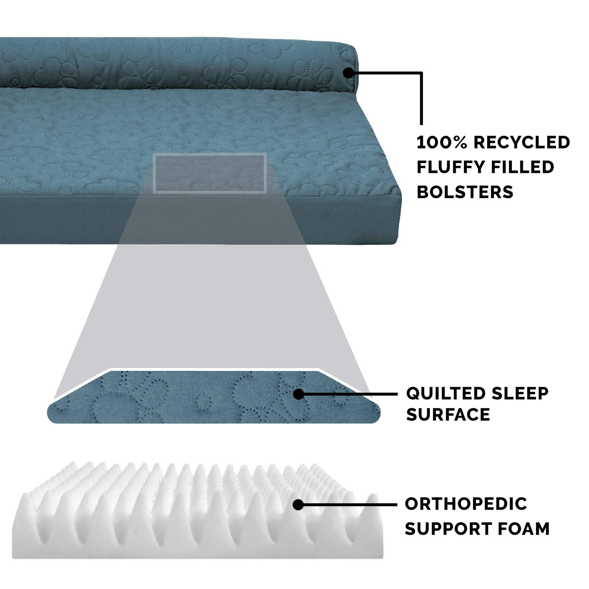 Furhaven Orthopedic Dog Bed For Large Dogs W/ Removable Bolsters & Washable Cover, For Dogs Up To 95 Lbs - Pinsonic Quilted Paw L Shaped Chaise - Bluestone, Jumbo/Xl