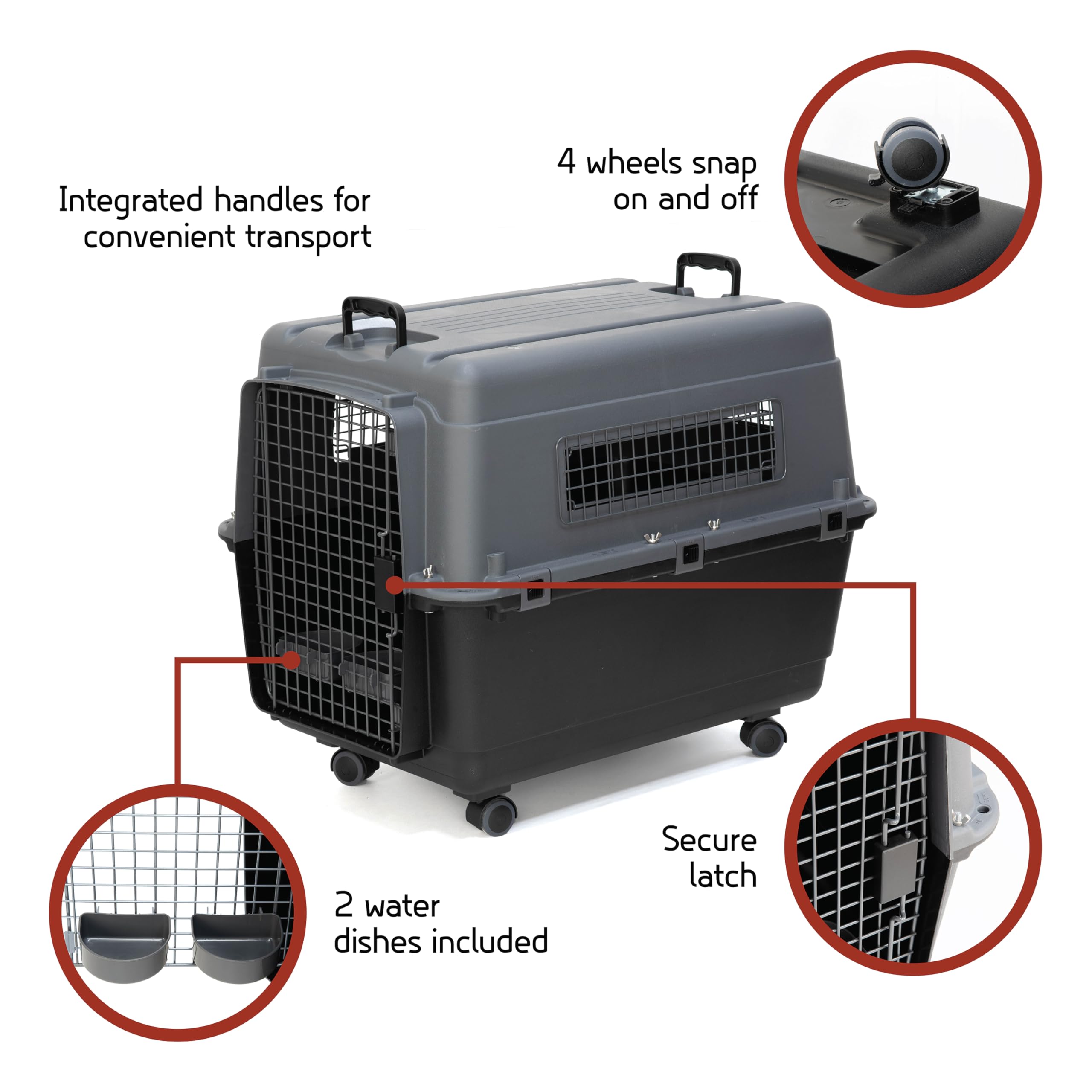 SportPet Airline Approved Wire Door Travel Dog Crate, Durable Plastic Pet Travel Kennel with Removable Wheels,Collapsible, Food