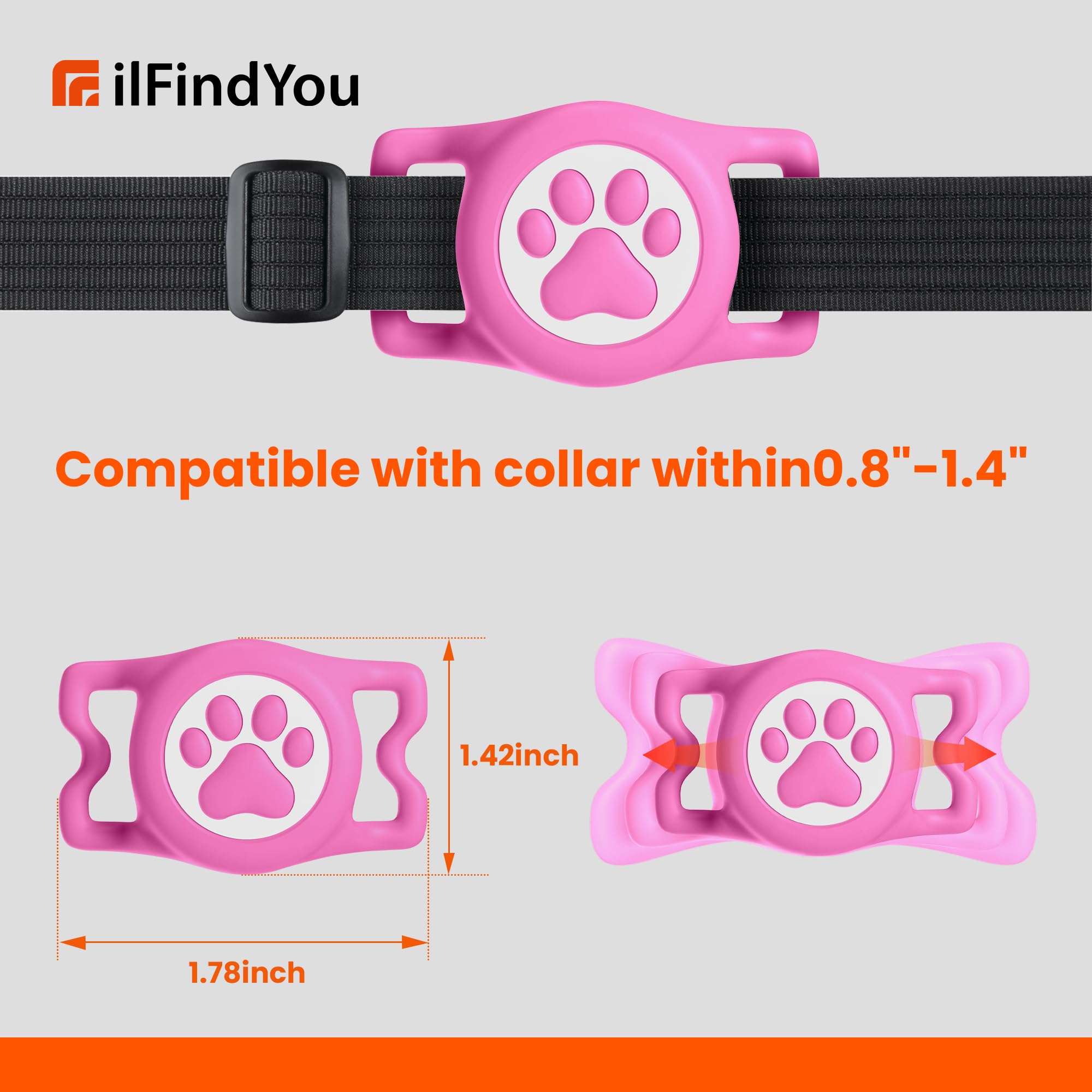 Ilfindyou Waterproof Airtag Dog Collar Holder For Apple Air Tag, Silicone Dog Airtag Holder For Dogs & Cat Collars(Rose Red)