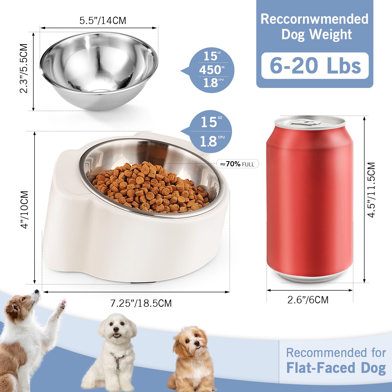 15 Elevated Dog & Cat Bowl - Anti-Vomiting Tilted Stainless Steel Pet Feeder, Non-Slip Raised Base For Small & Medium Pets, Easy