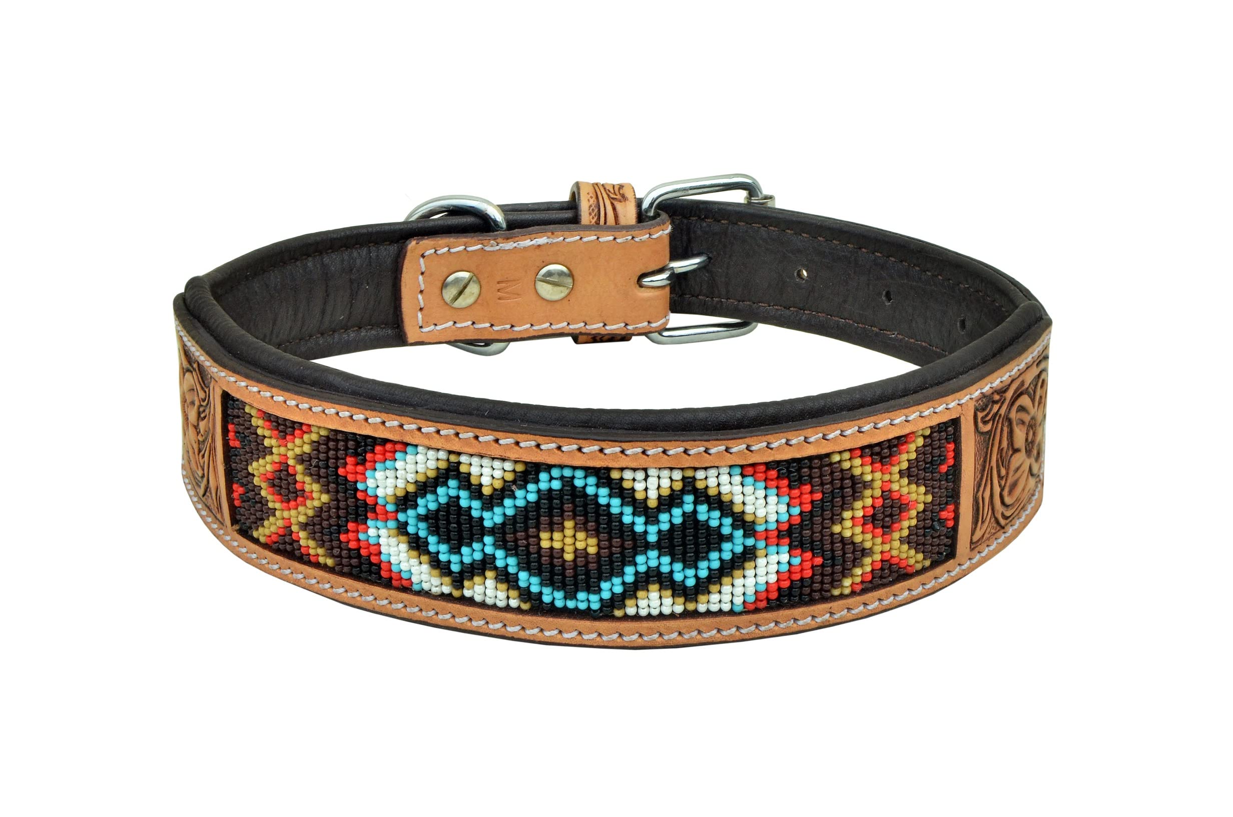 Leather Dog Collar Medium Size Western Style Heavy Duty Hand Tooled Adjustable Beaded And Padded Soft For Puppies And Big Dogs 1