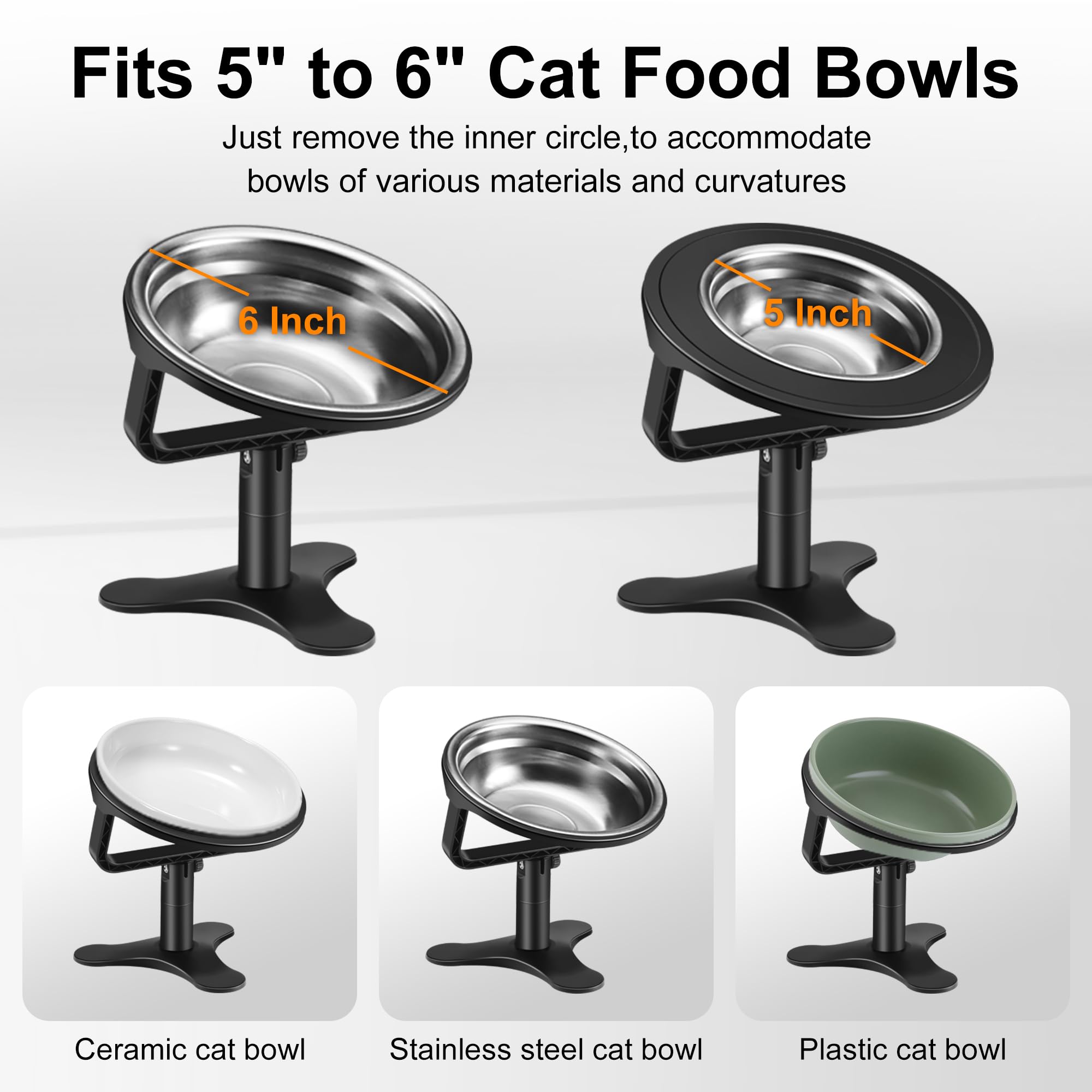 Elevated Cat Bowls with Adjustable Stand,15 Tilted Stainless Steel Non-Slip Feeder for Indoor Cats (2-Pack, Black)