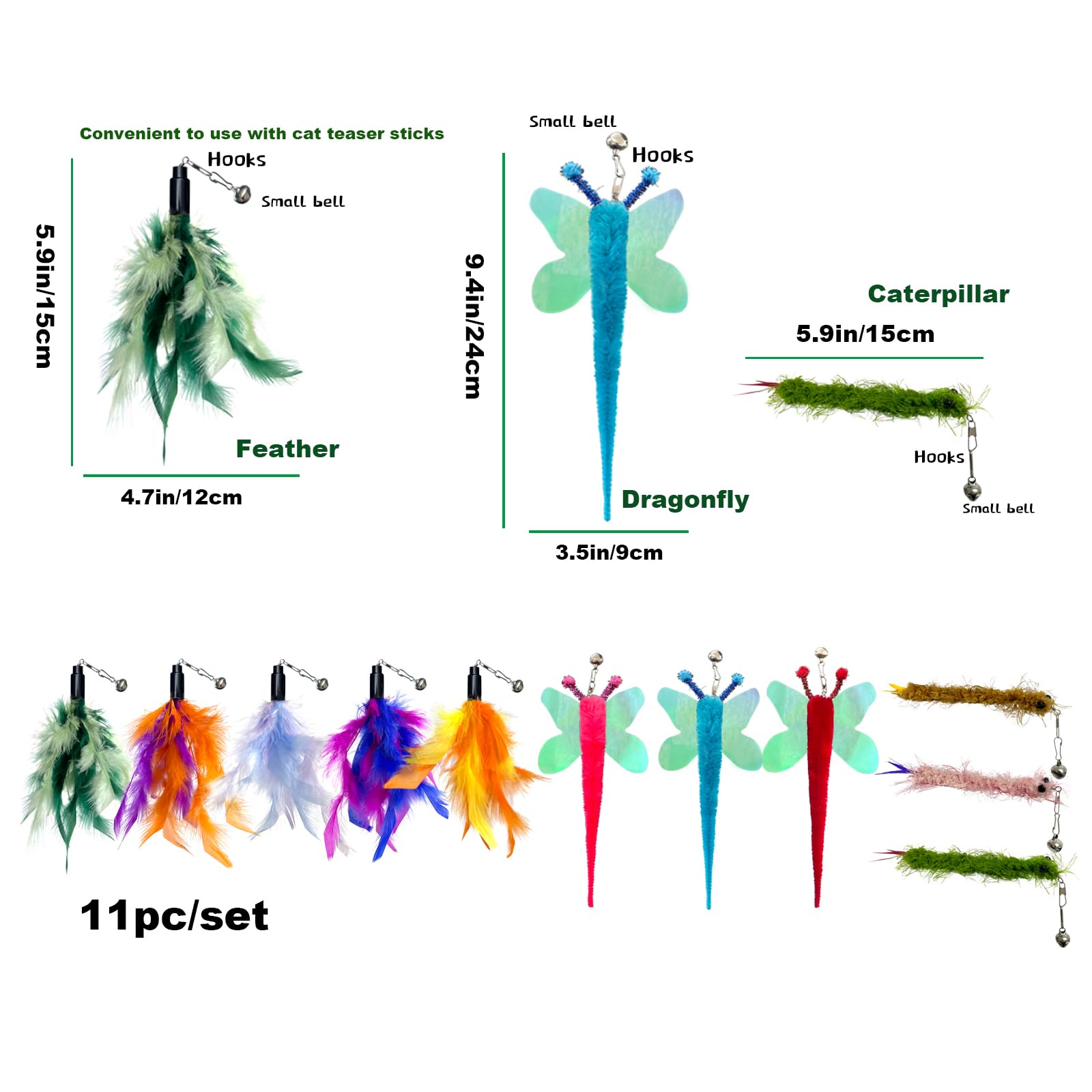 Acceleah Cat Worm Toy Refills - Assorted Teaser Wand Toys With Bell (11 Pcs)