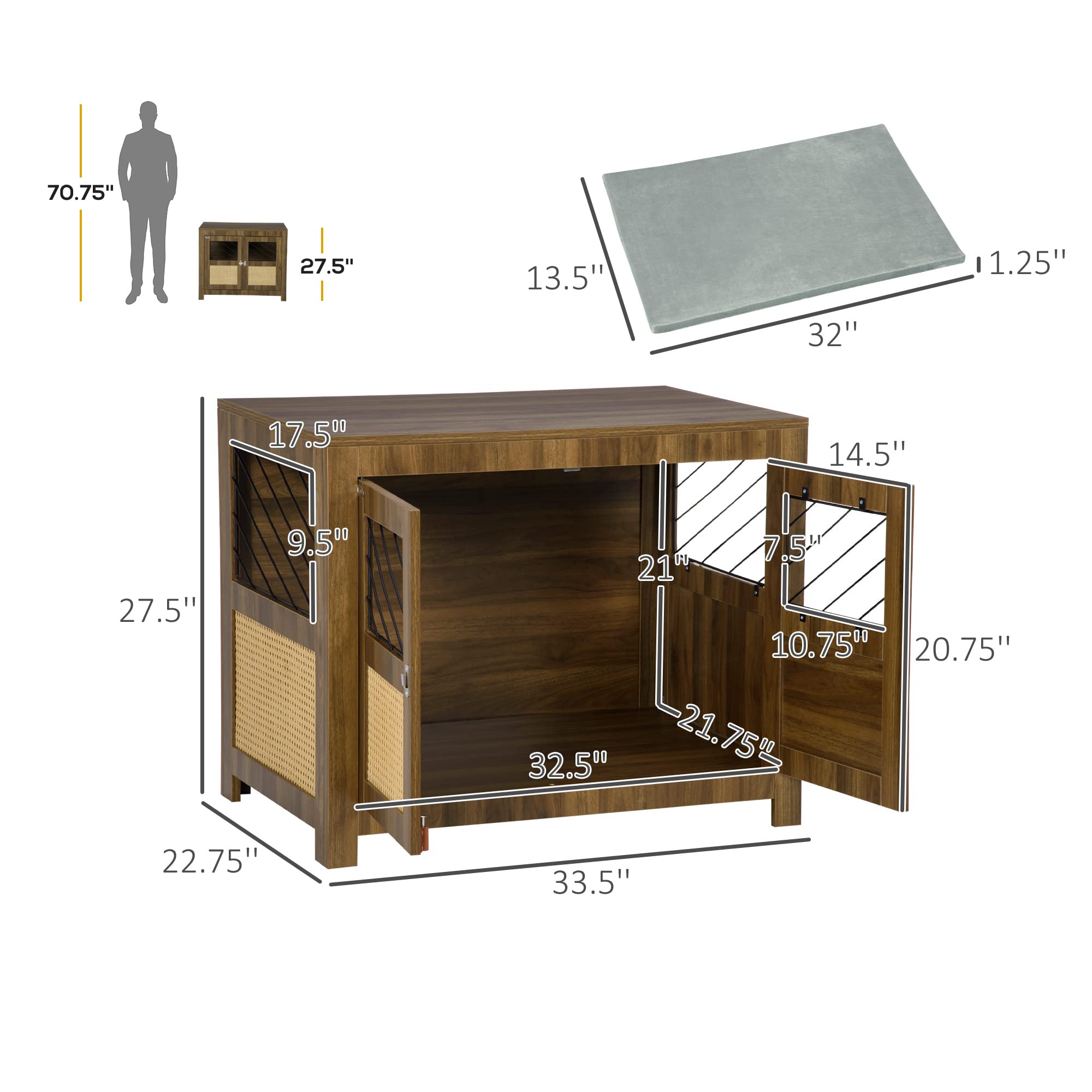 PawHut Dog Crate Furniture with Soft Cushion, Dog Crate End Table with Rattan Decoration, Small to Medium Sized Dog Kennel Furni