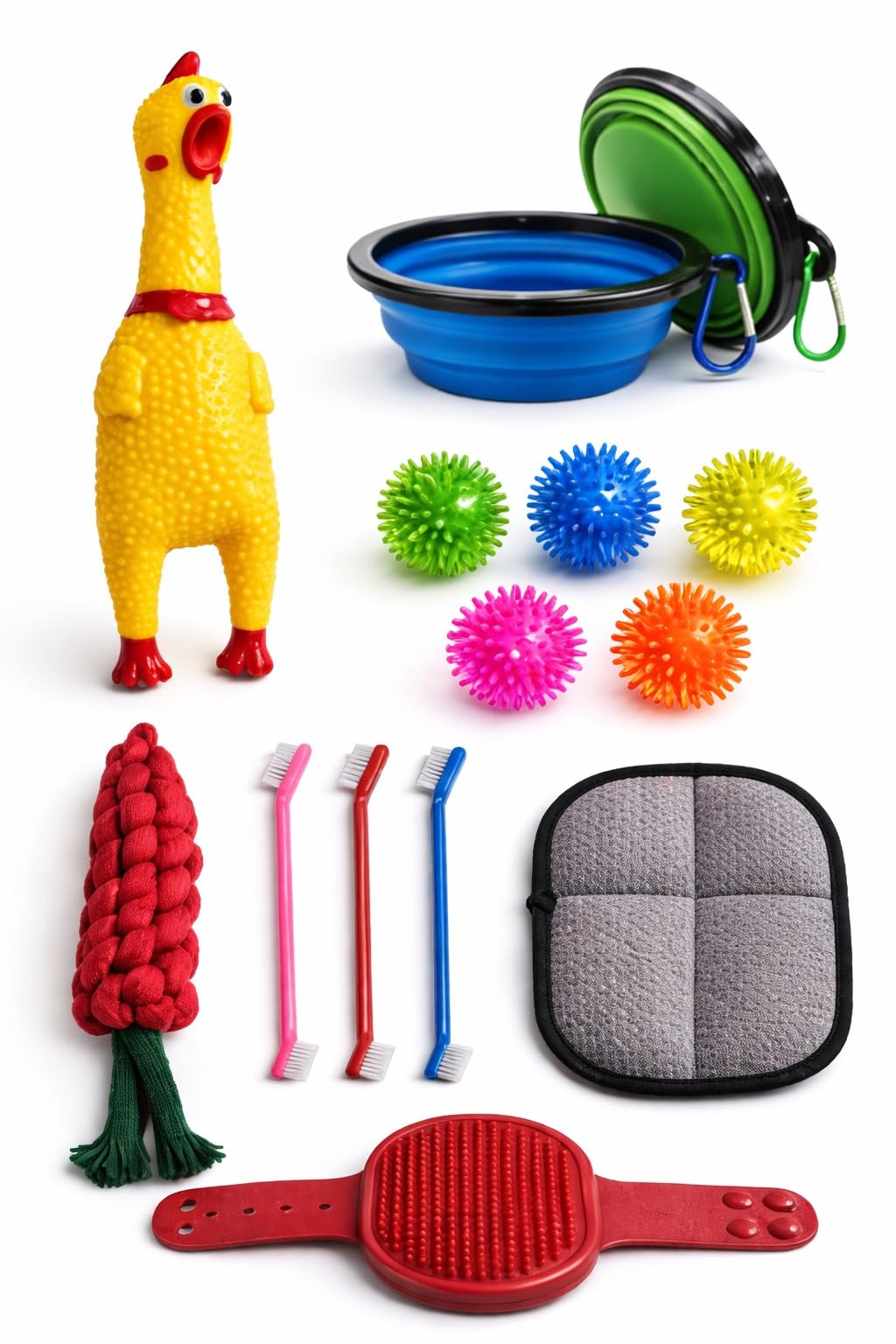 Plutify 7in1 Dog & Cat Toys and Grooming Combo Pack for Dogs and Cats  Squeaky Chicken, Rope Chew Toy, LED Rubber Spike Ball,