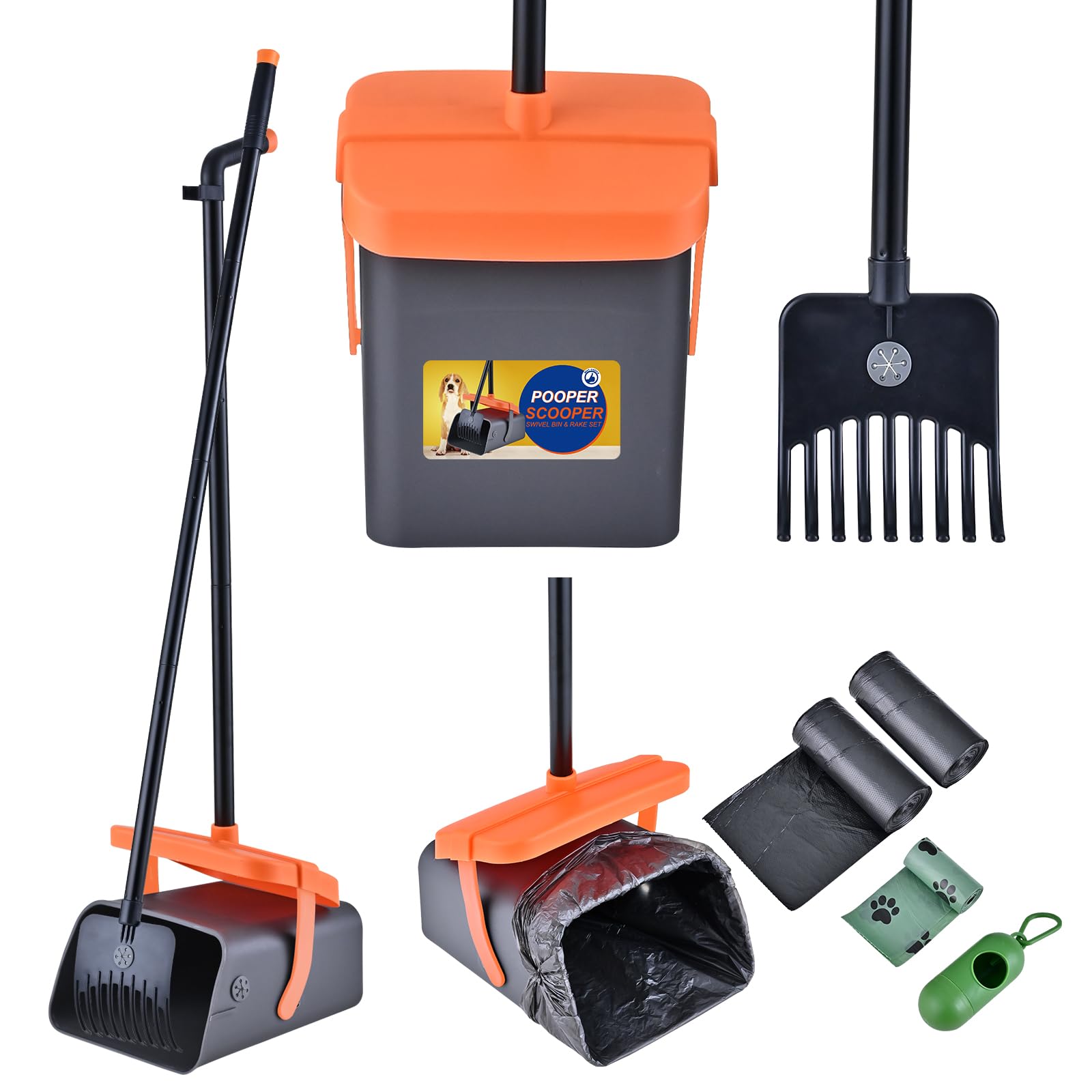 Ilongood Pooper Scooper Swivel Bin & Rake Kit With 55 Waste Bags, 46'' Long Handle Adjustable Portable Non-Breakable Dog Pooper 