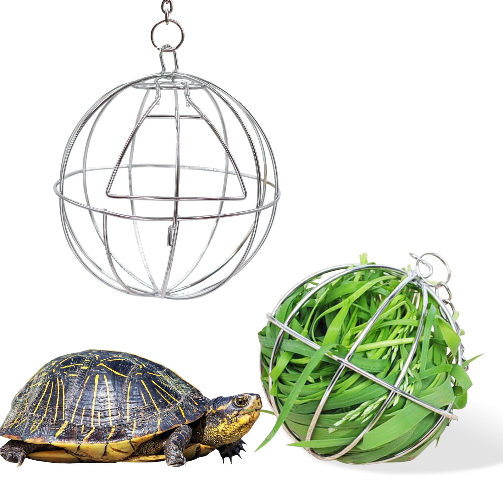 4.7 Inch Tortoise Treat Ball Toy, Hanging Turtle Stainless Steel Hay Feeder Ball, Small Animal Grass Fruit Vegetable Feeder Hold