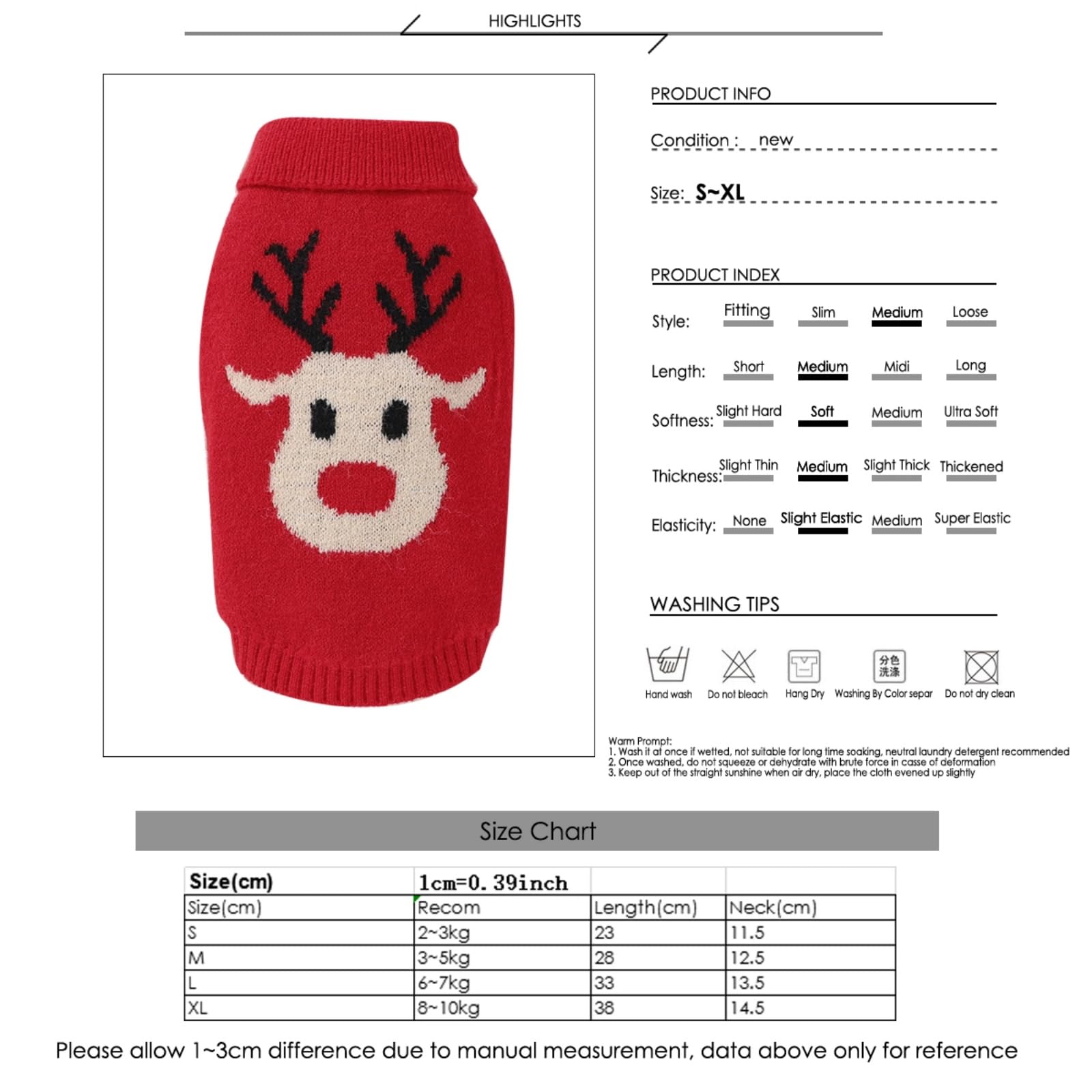 Zjyufy Christmas Dog Sweater For Small Dog Girl Sweater Xmas Soft Warm Turtleneck Dog Sweater Cute Reindeer Knitwear Winter Clot