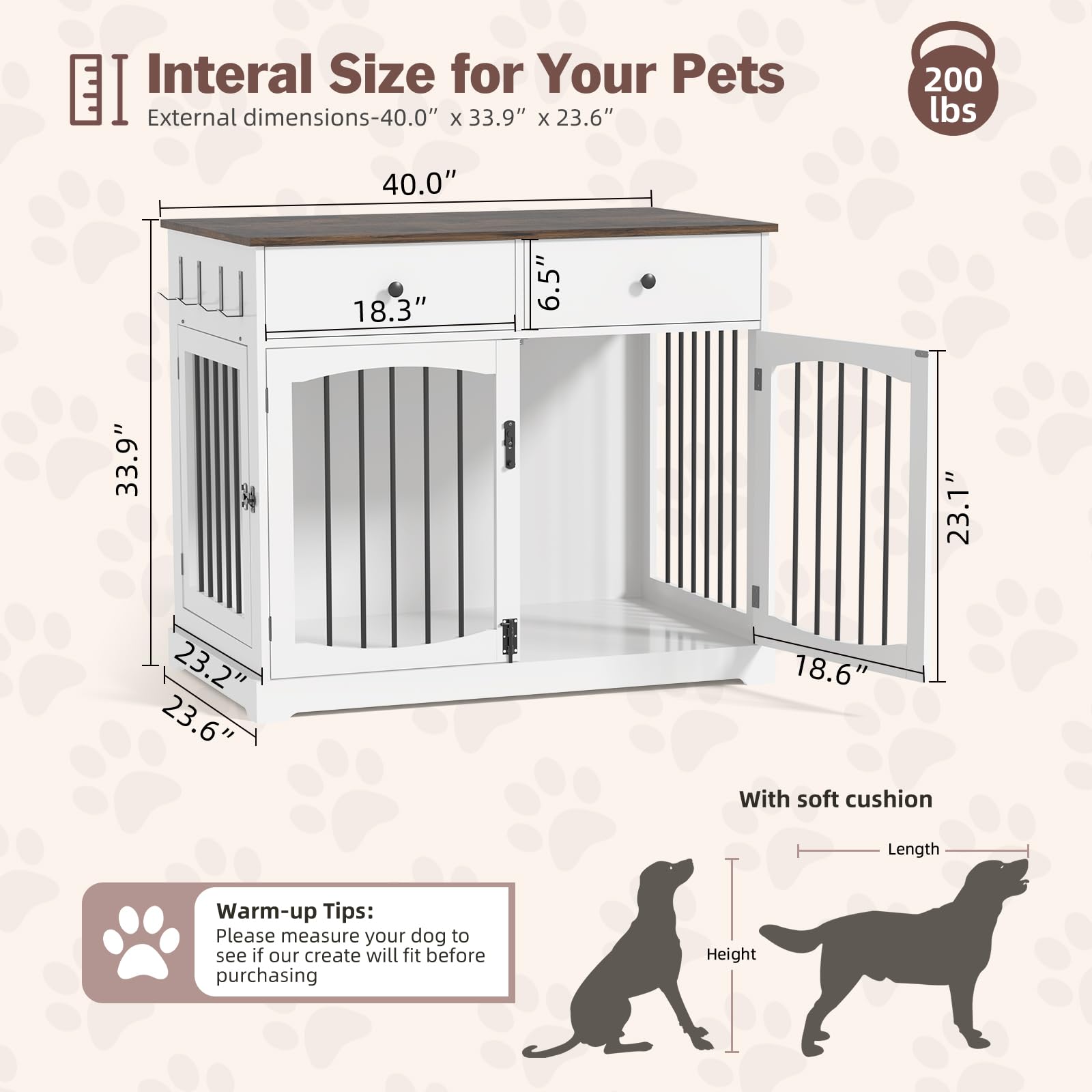 Kucreiheat 40 Inch Furniture-Style Dog Crate-Multipurpose Wood Pet Crate Furniture with Double Doors,2 Drawers, Decorative Dog H