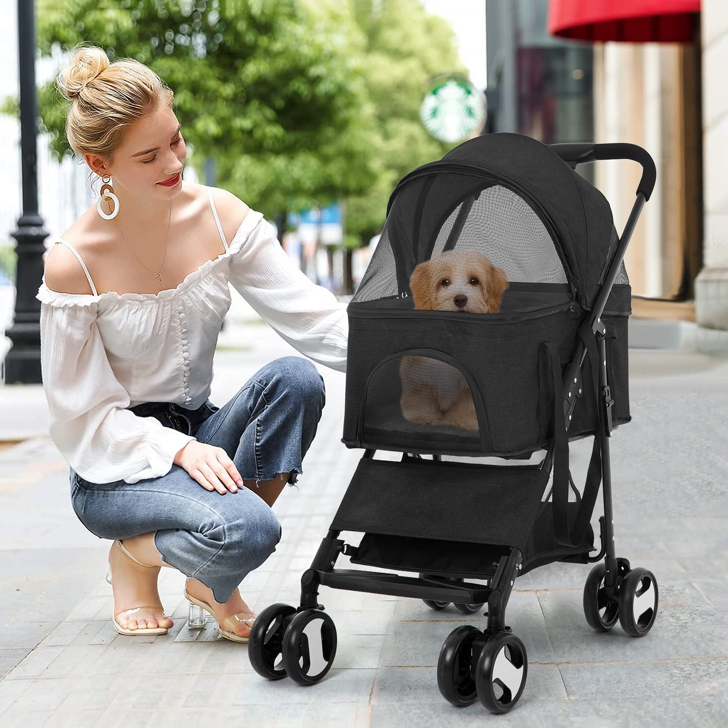 BestPet Pet Dog Stroller with Premium 3-in-1 Multifunction & Detachable Carrier for Folding Lightweight Cat Travel Stroller,Blac