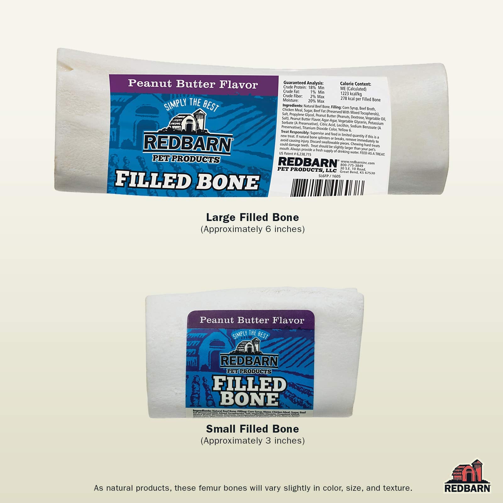 Redbarn Filled Dog Bones  Natural Long-Lasting Dental Treats; Suitable for Aggressive Chewers  Large (6) - 2 Bones (Peanut Butte